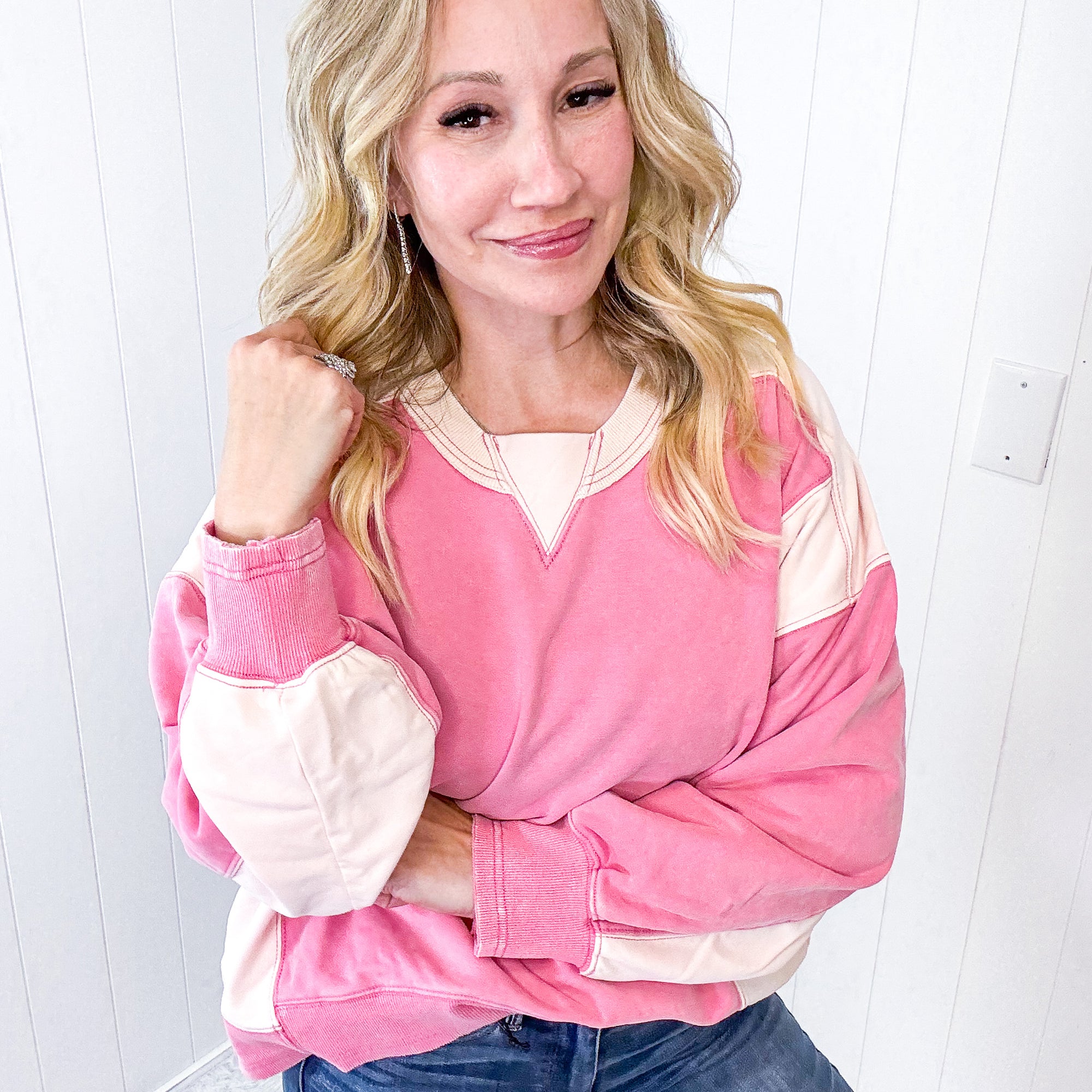 Tell A Story Color Block Washed Terry Long Sleeve Pullover In 2 Options *Final Sale*
