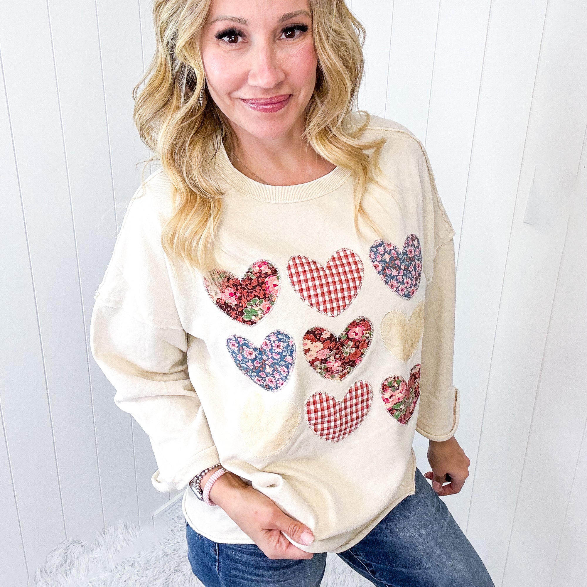 All Hearts Aglow Mineral Wash Patch Terry Knit Pullover In 3 Options *Final Sale*