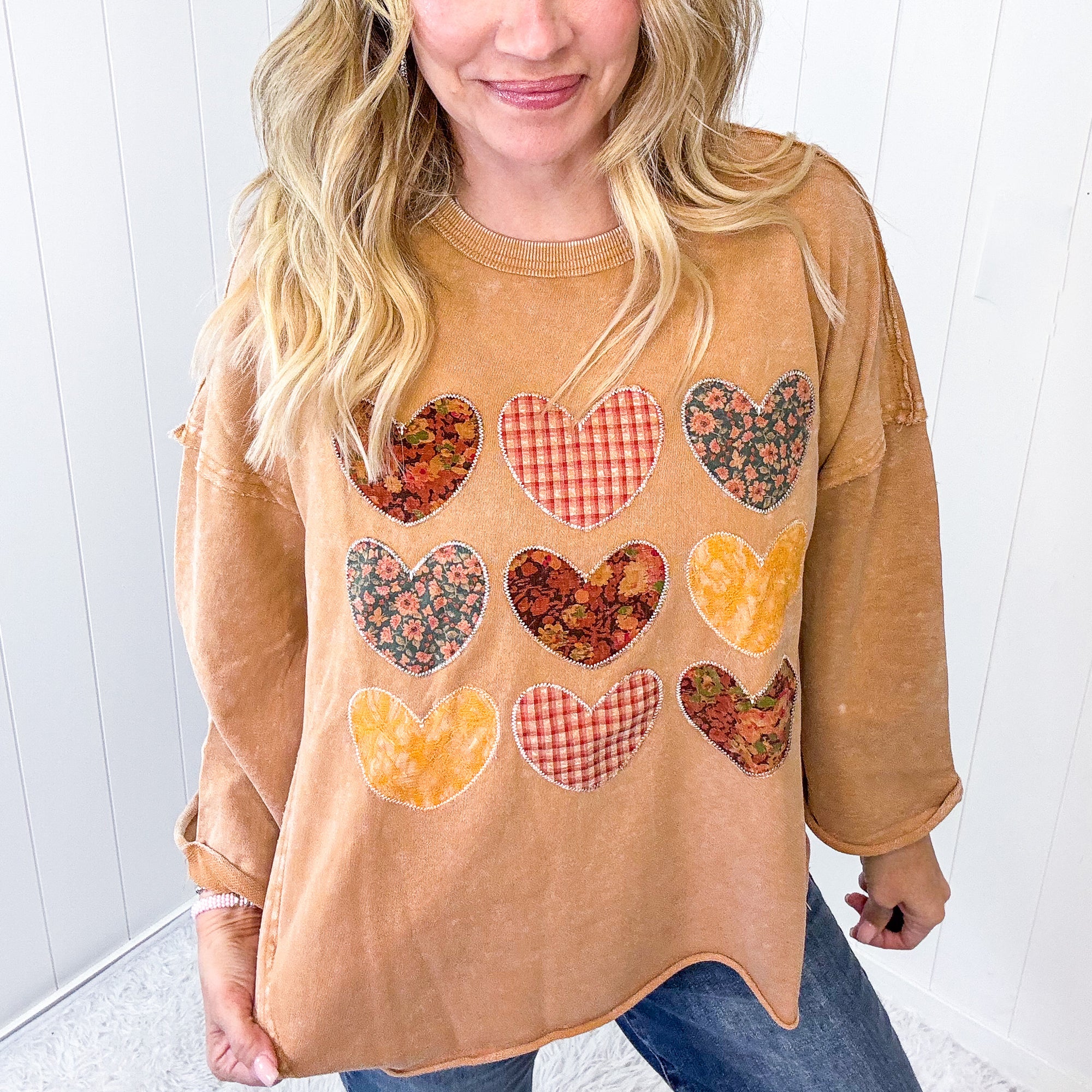 All Hearts Aglow Mineral Wash Patch Terry Knit Pullover In 3 Options *Final Sale*