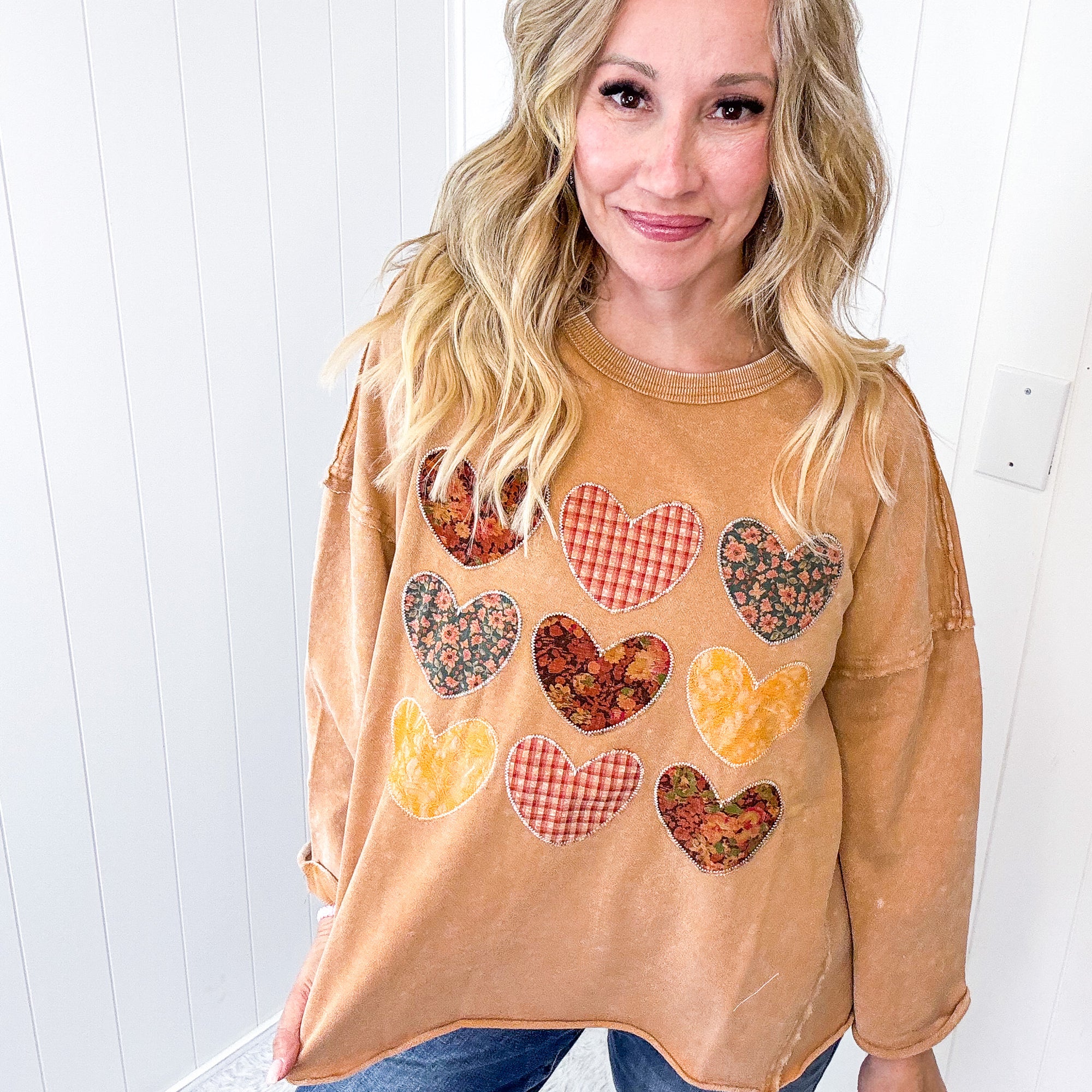 All Hearts Aglow Mineral Wash Patch Terry Knit Pullover In 3 Options *Final Sale*