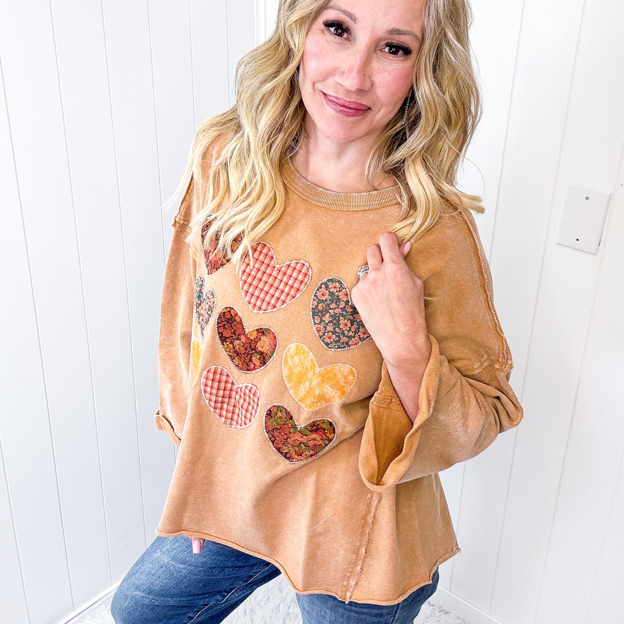 All Hearts Aglow Mineral Wash Patch Terry Knit Pullover In 3 Options *Final Sale*