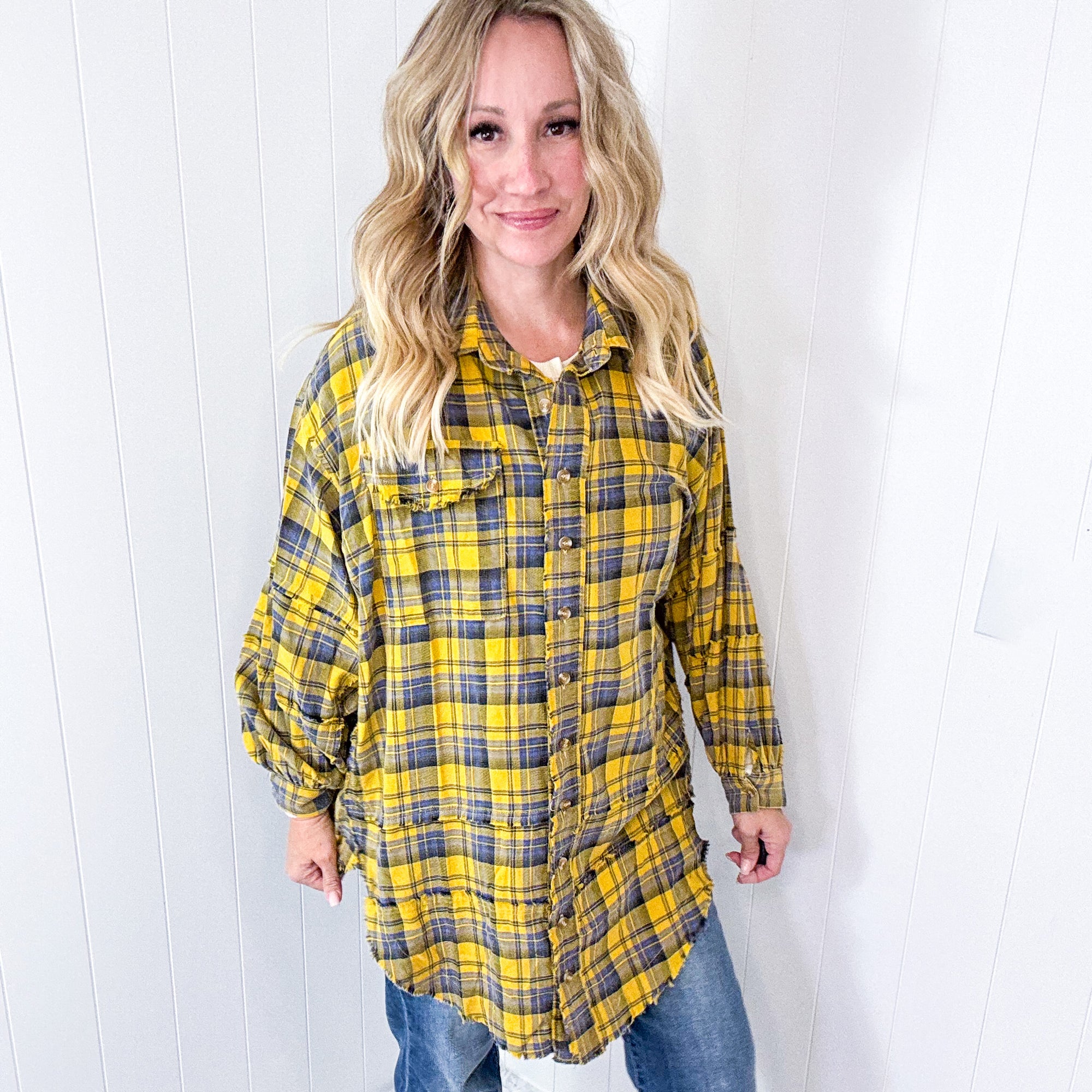 Effortless Edge Frayed Plaid Longline Button Up Top In Mustard *Final Sale*
