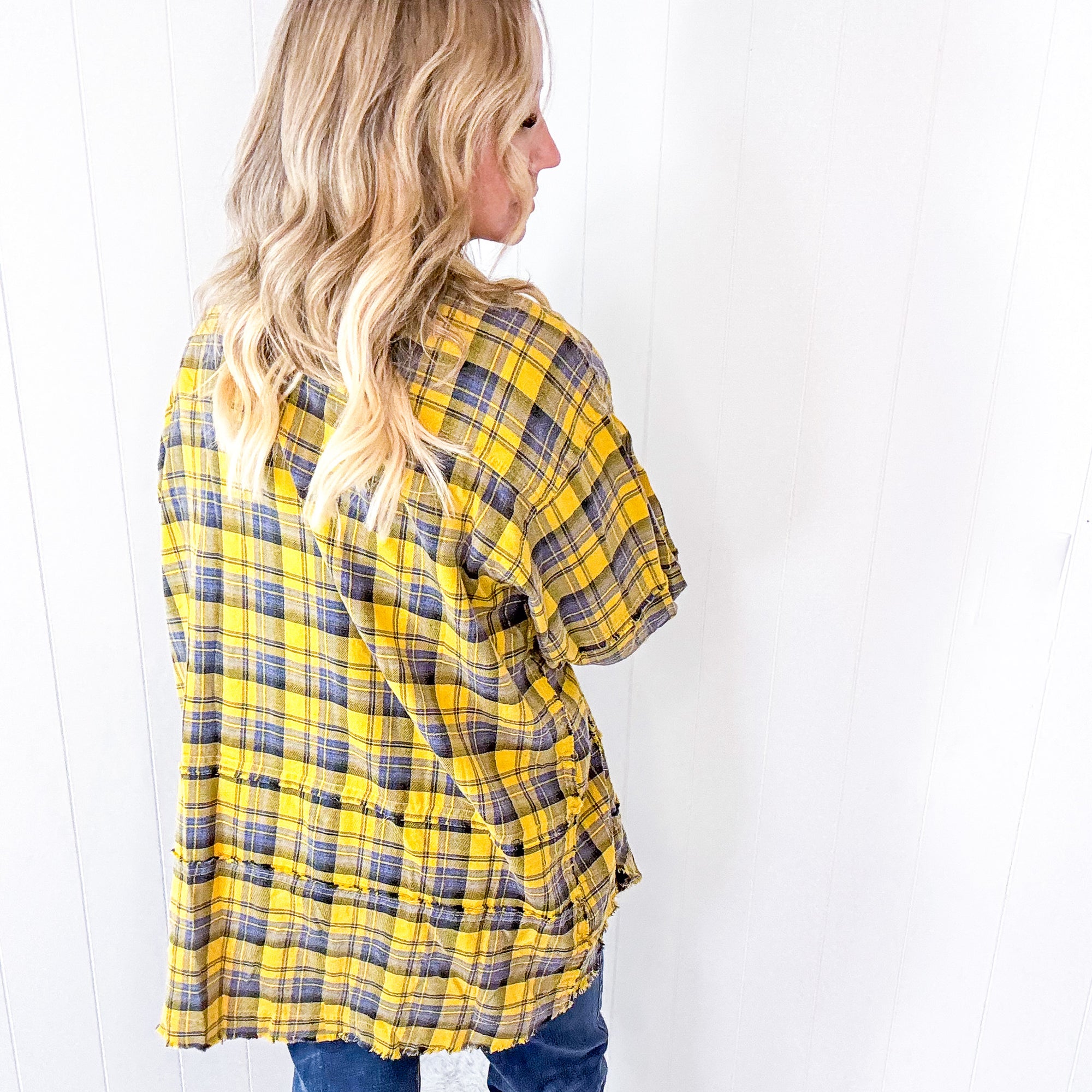 Effortless Edge Frayed Plaid Longline Button Up Top In Mustard *Final Sale*