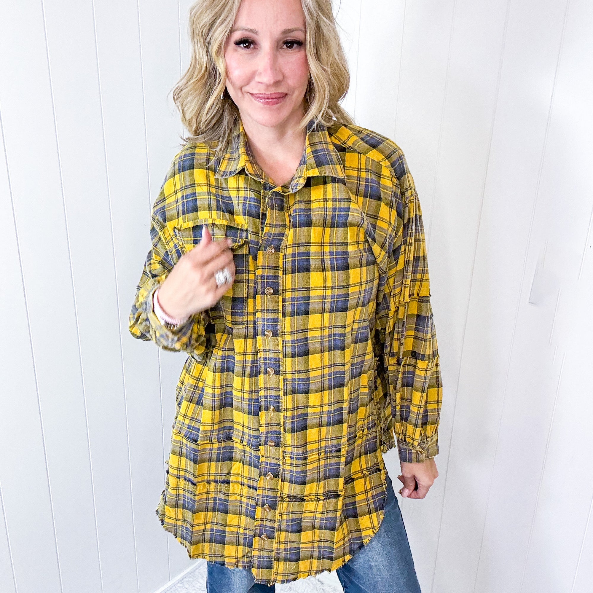 Effortless Edge Frayed Plaid Longline Button Up Top In Mustard *Final Sale*