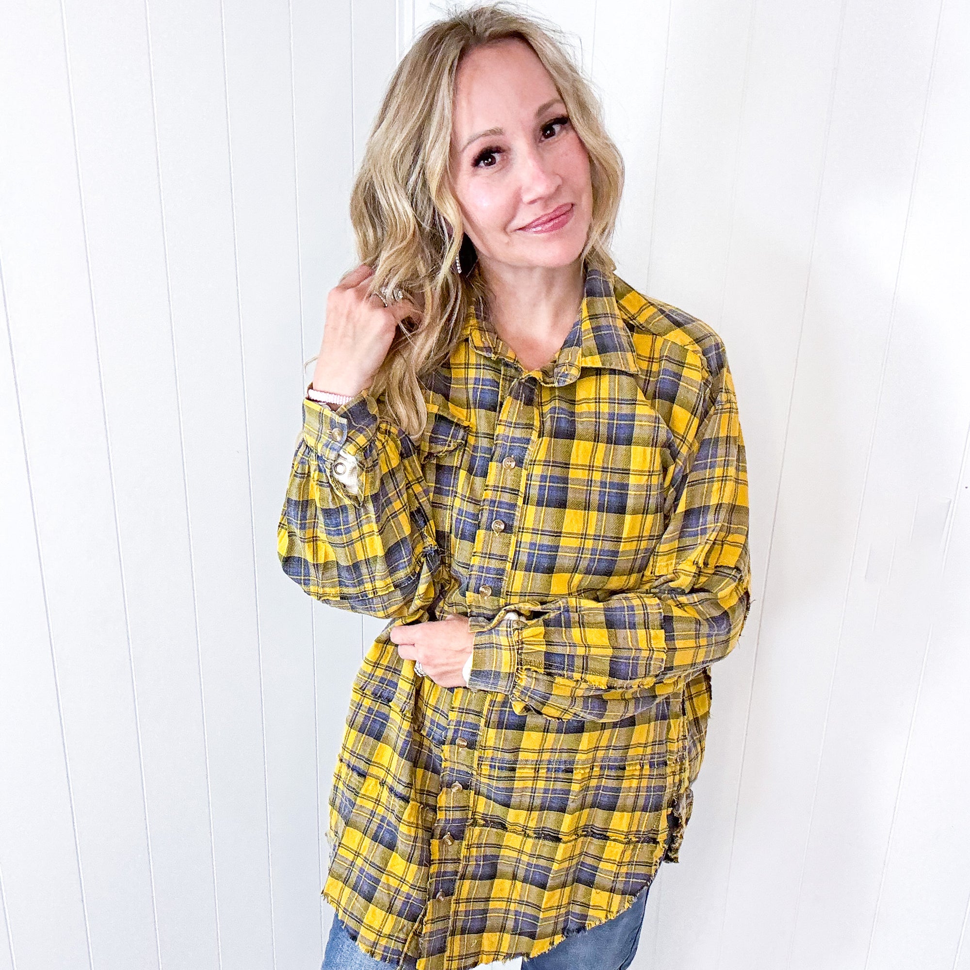 Effortless Edge Frayed Plaid Longline Button Up Top In Mustard *Final Sale*