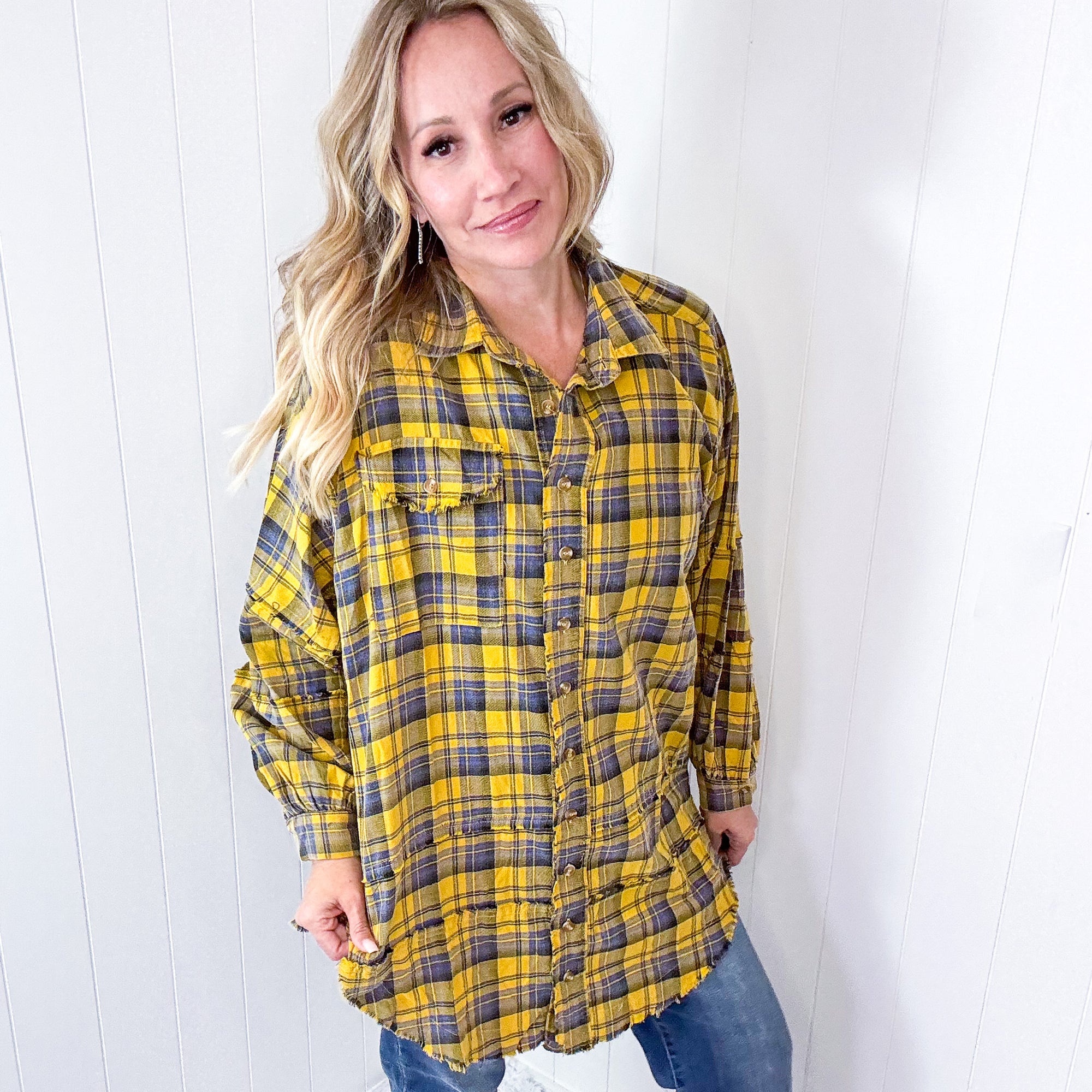 Effortless Edge Frayed Plaid Longline Button Up Top In Mustard *Final Sale*