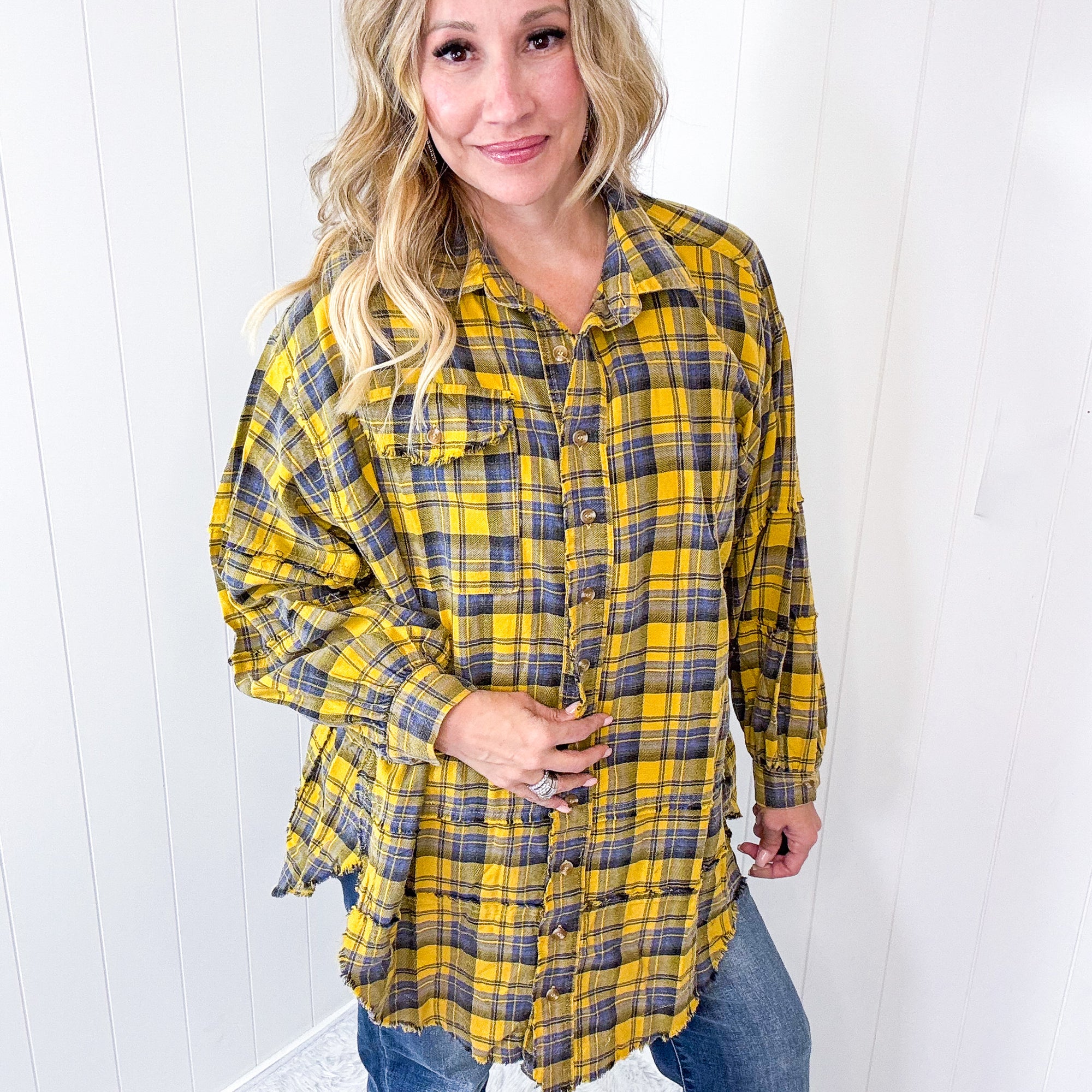 Effortless Edge Frayed Plaid Longline Button Up Top In Mustard *Final Sale*
