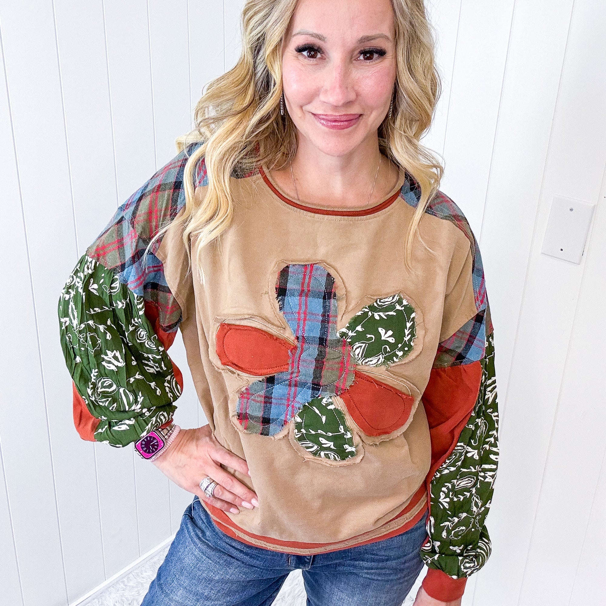 Patchwork Dreams Soft Washed Crew Neck Top In Mushroom