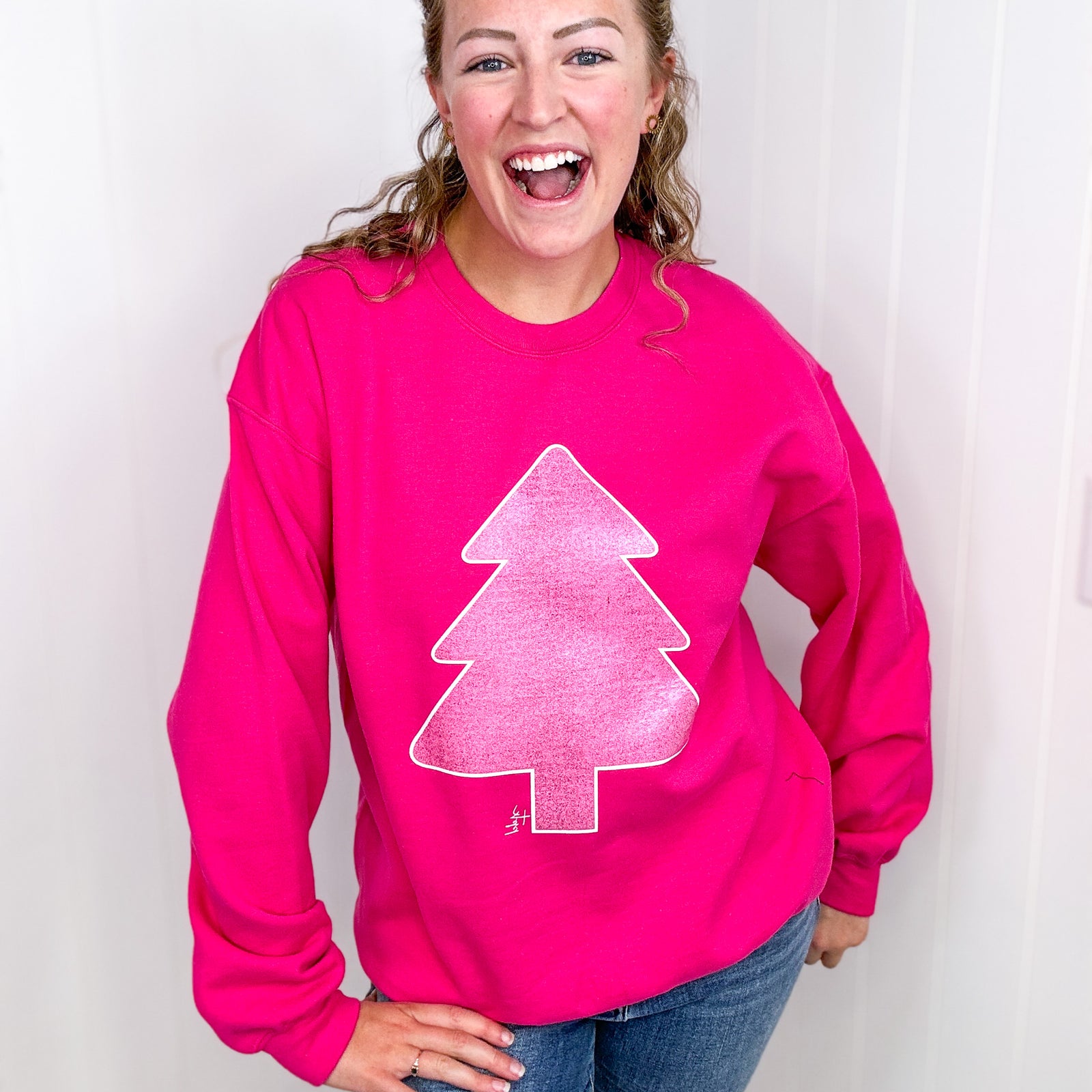 Hot Pink Glitter Christmas Tree Crewneck Fleece Sweatshirt