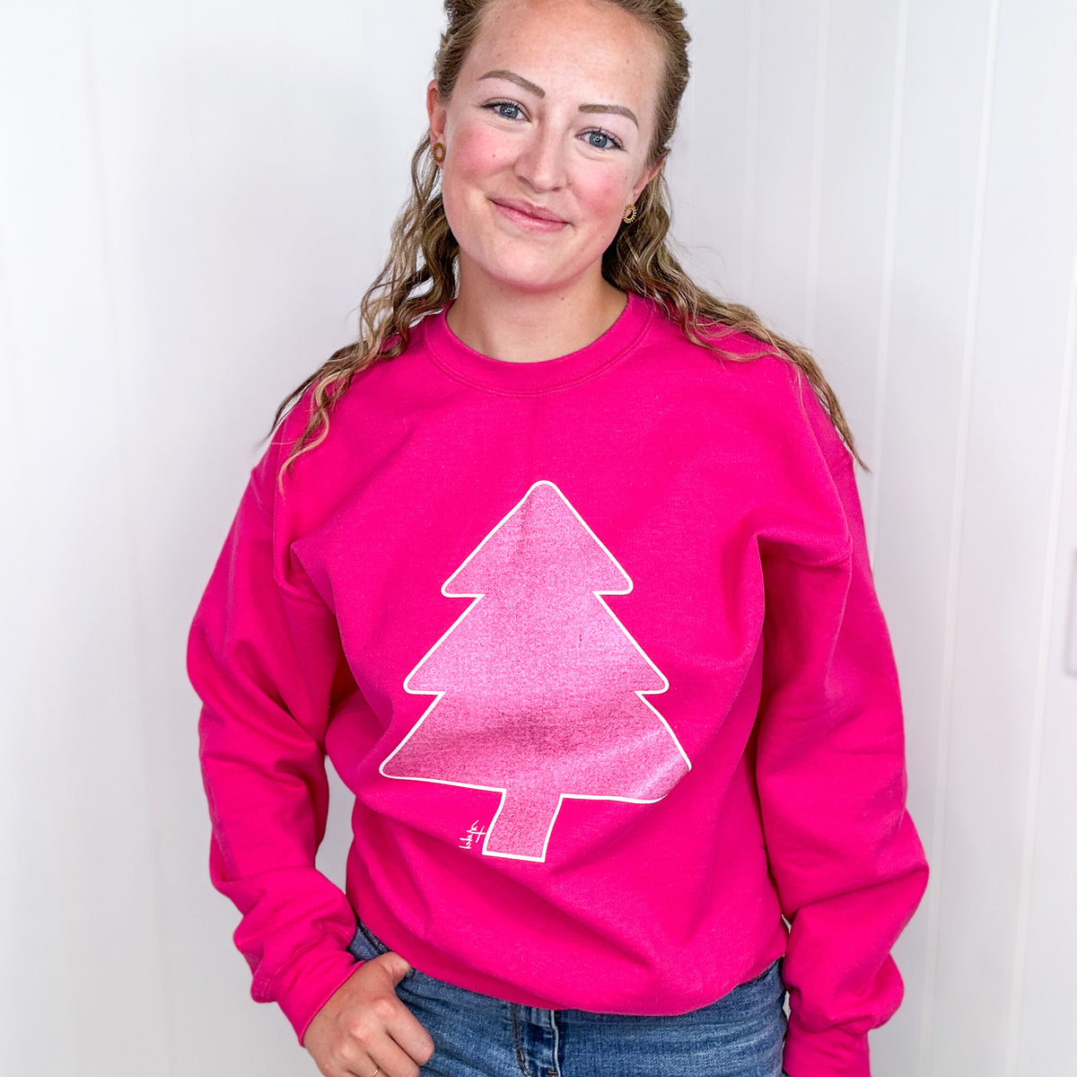 Hot Pink Glitter Christmas Tree Crewneck Fleece Sweatshirt