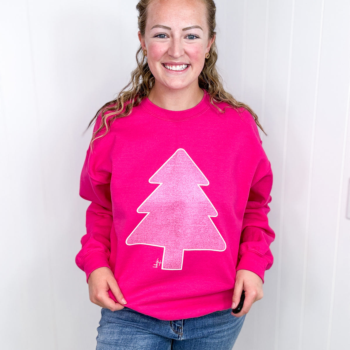 Hot Pink Glitter Christmas Tree Crewneck Fleece Sweatshirt