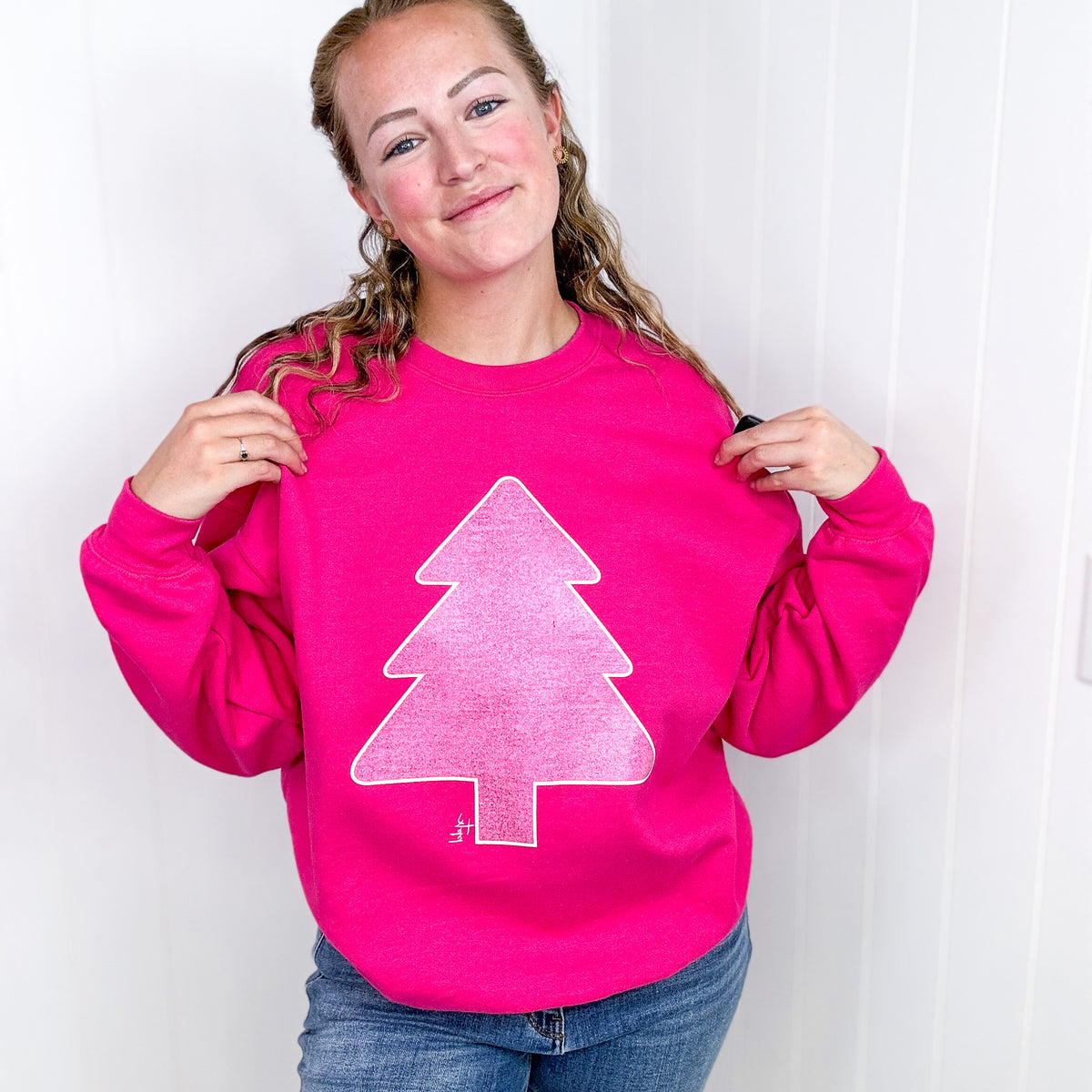 Hot Pink Glitter Christmas Tree Crewneck Fleece Sweatshirt