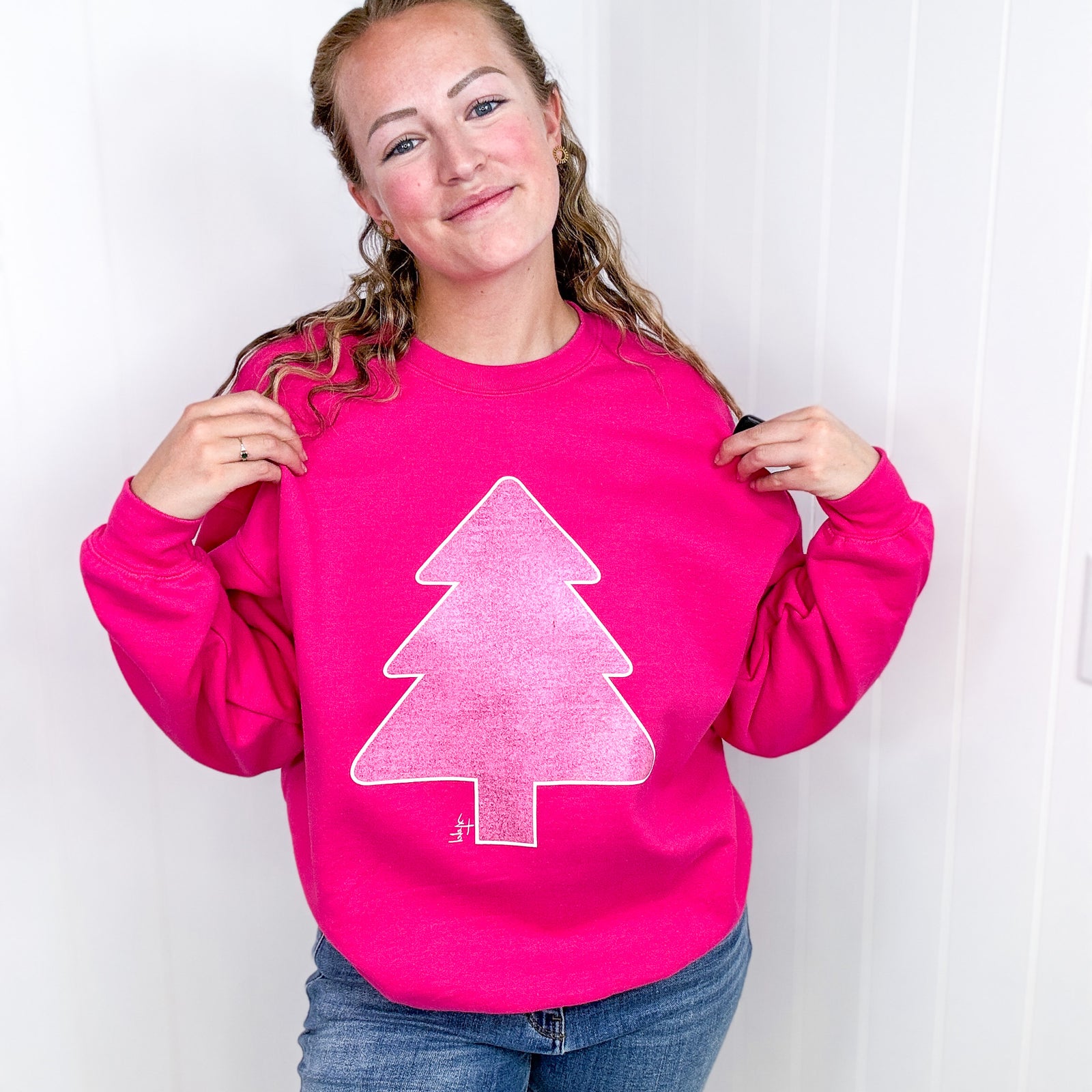 Hot Pink Glitter Christmas Tree Crewneck Fleece Sweatshirt