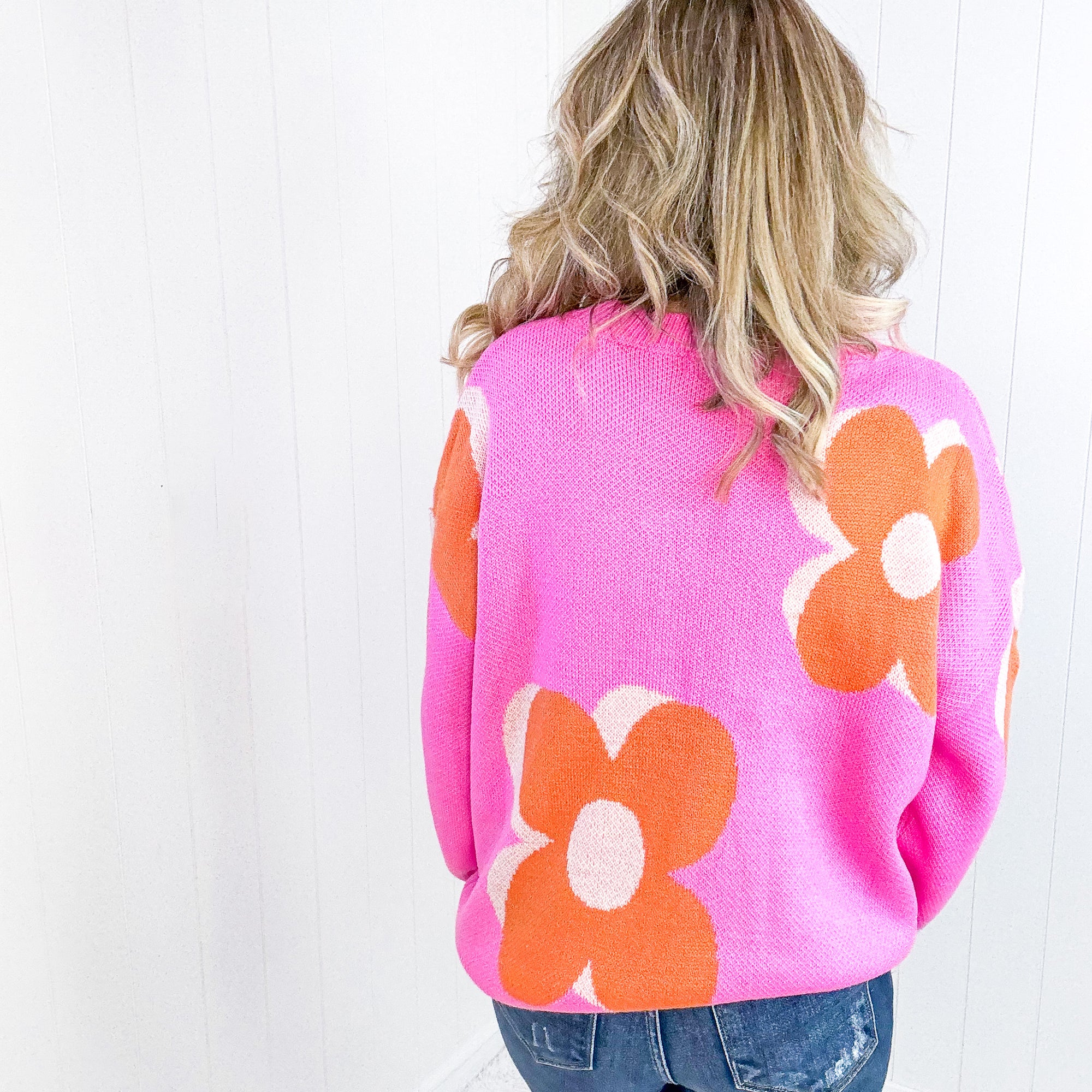 Hot Pink Quietly Bold Mod Orange Floral Sweater - Boujee Boutique 