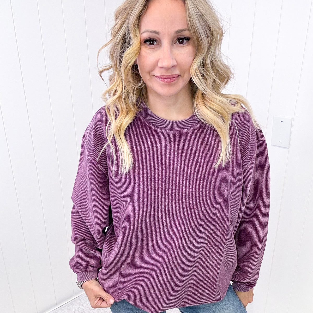 Luxe Corded Crewneck Pullover Sweater in Plum