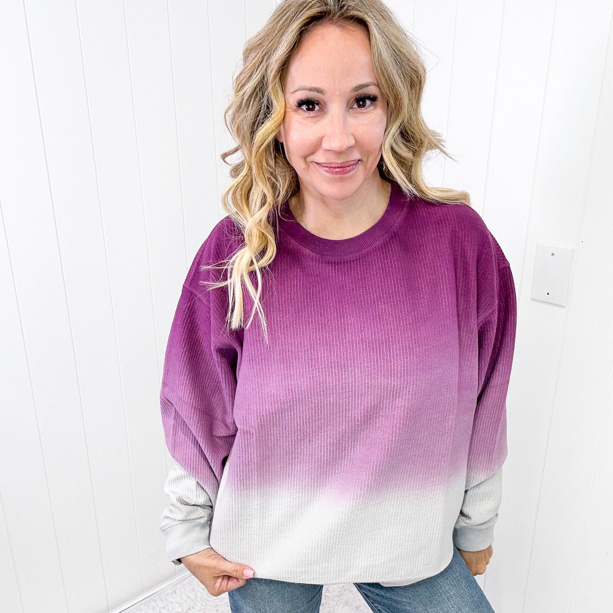 Ombre Opulence Luxe Corded Crewneck Sweatshirt In Purple and Silver Boujee Boutique