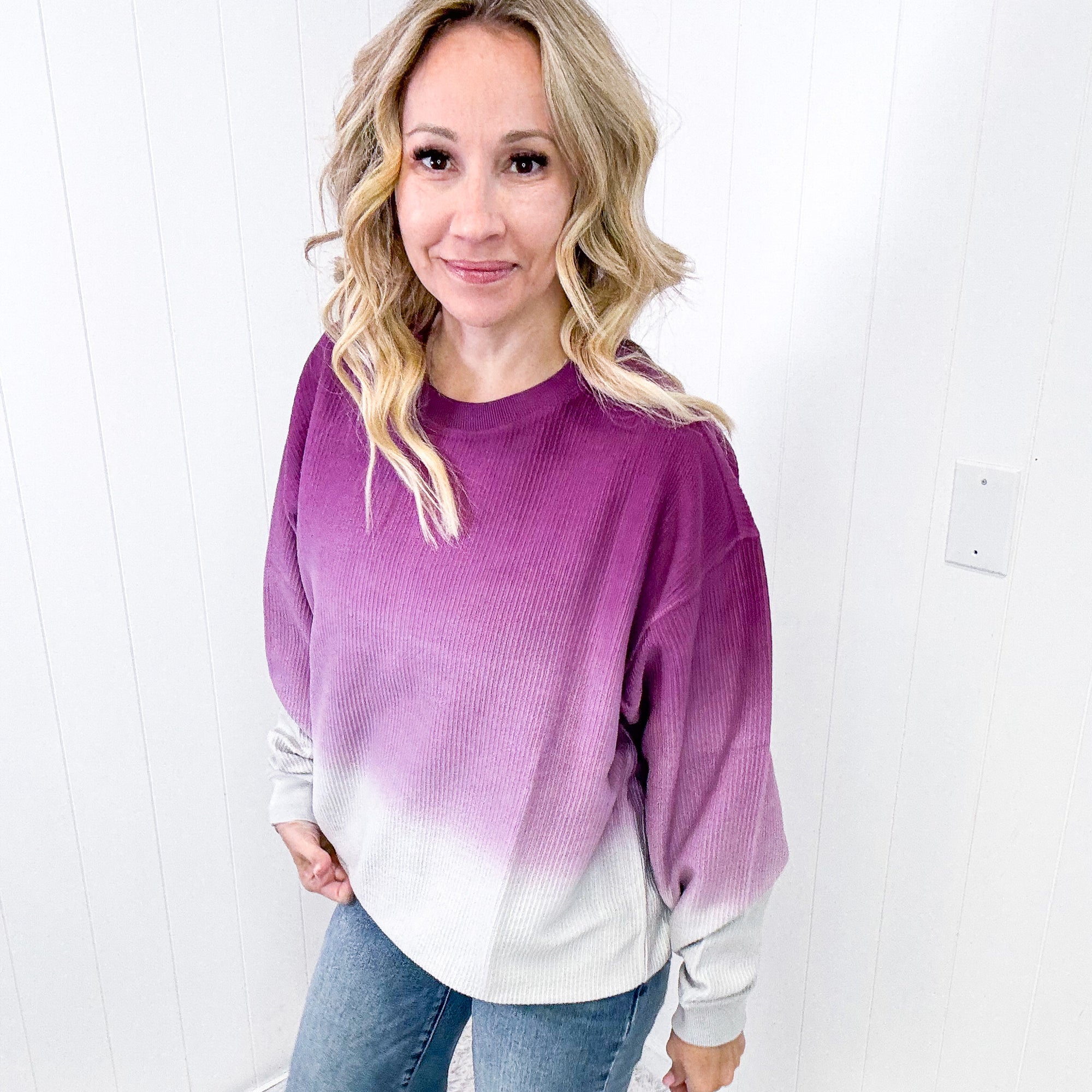 Ombre Opulence Luxe Corded Crewneck Sweatshirt In Purple and Silver