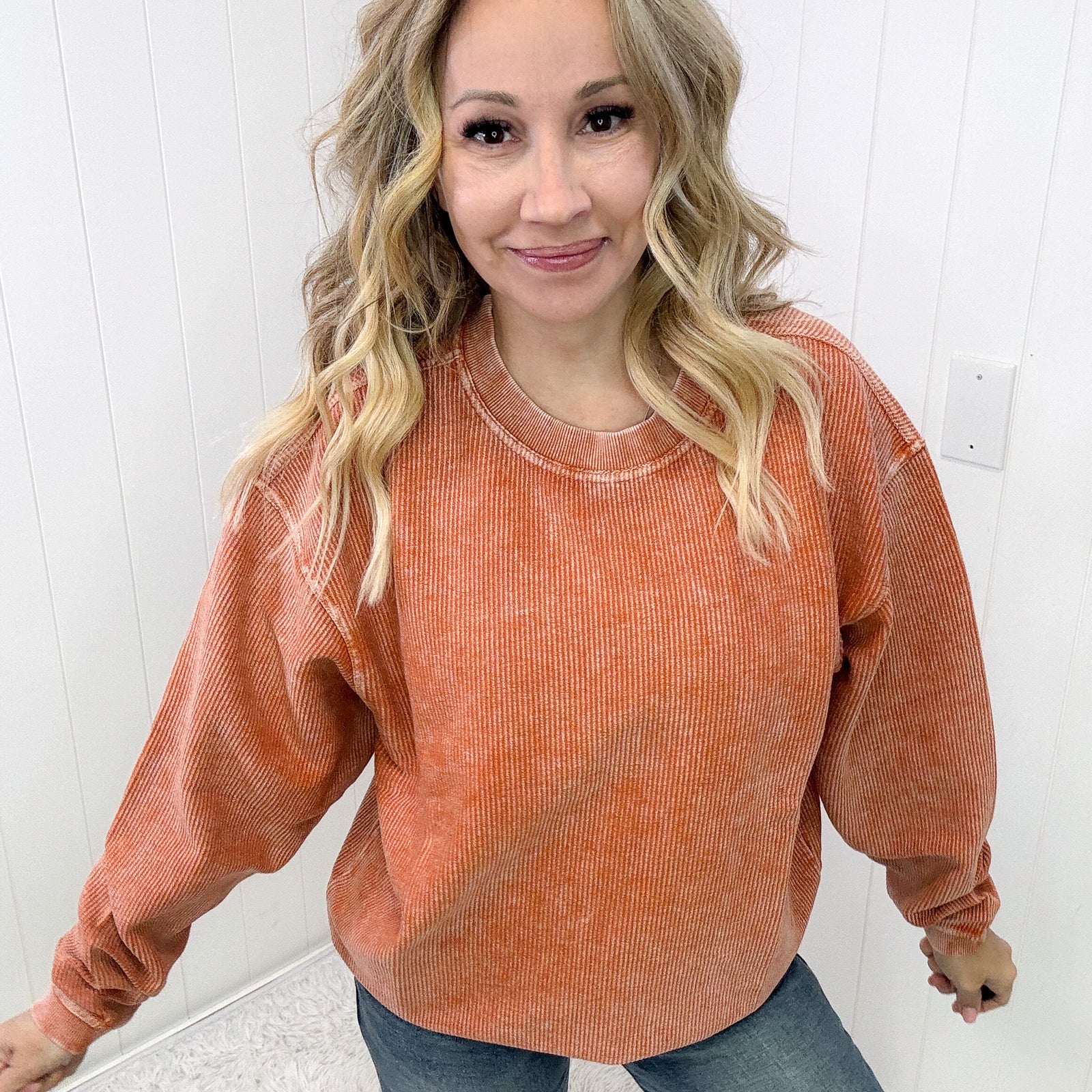 Luxe Corded Crewneck Pullover Sweater in Burnt Orange