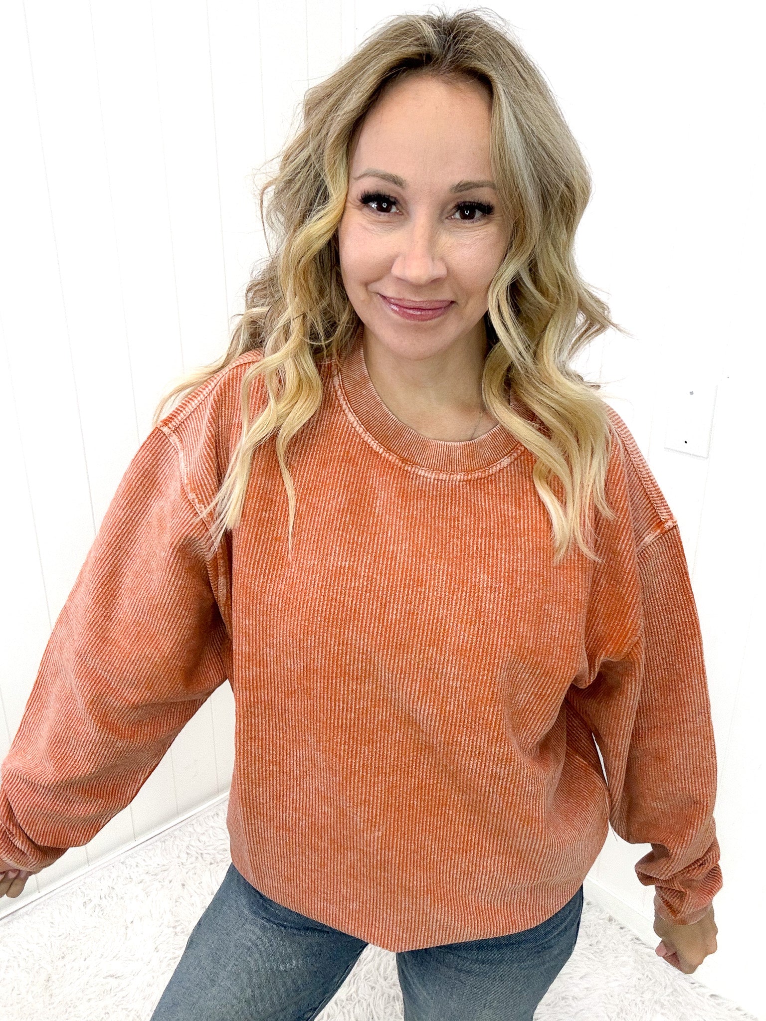 Luxe Corded Crewneck Pullover Sweater in Burnt Orange