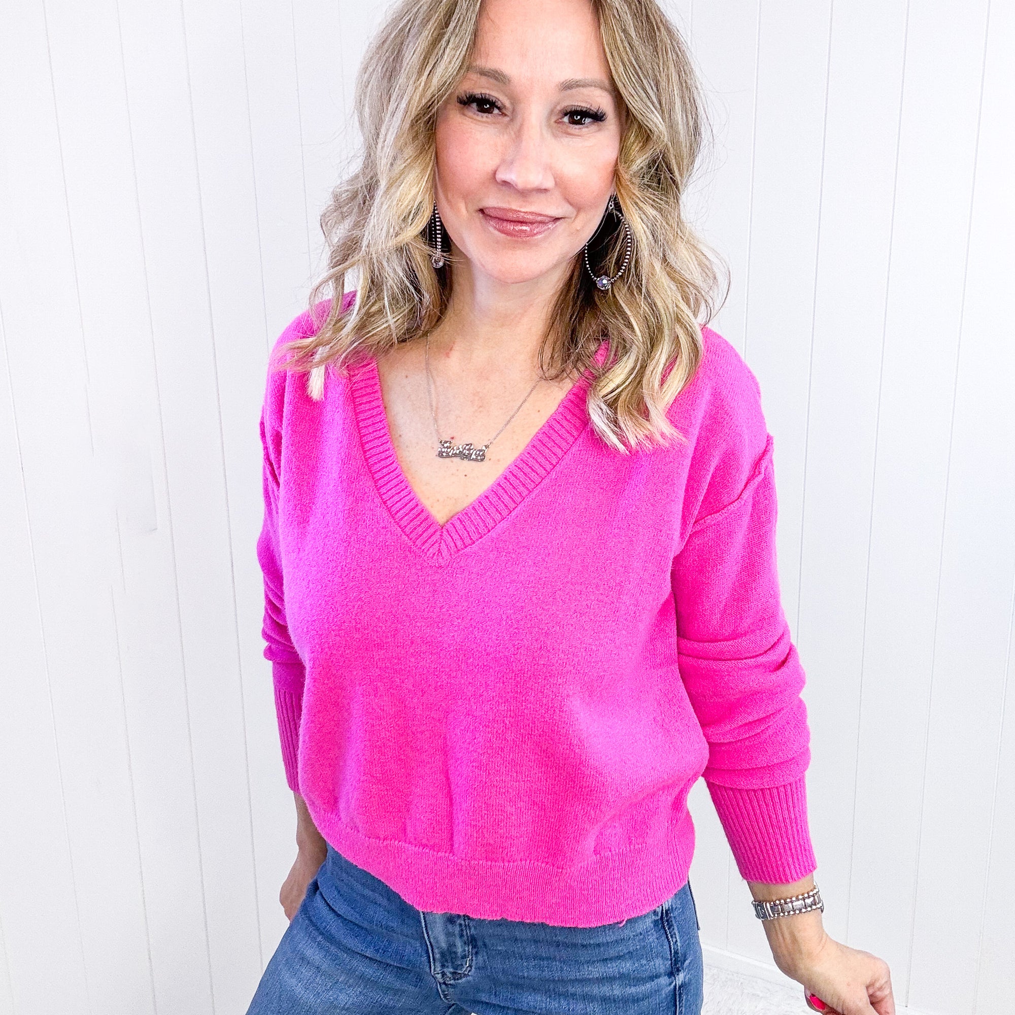 Hot Pink Back to Life V-Neck Sweater - Boujee Boutique 