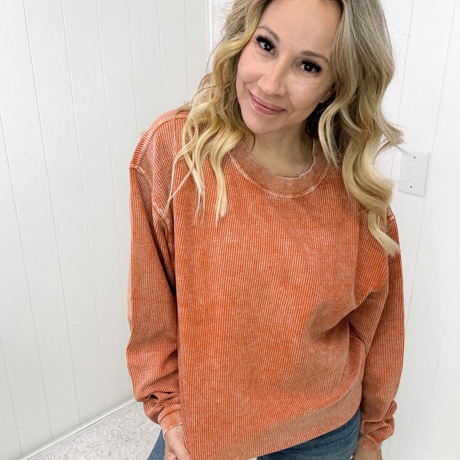 Luxe Corded Crewneck Pullover Sweater in Burnt Orange
