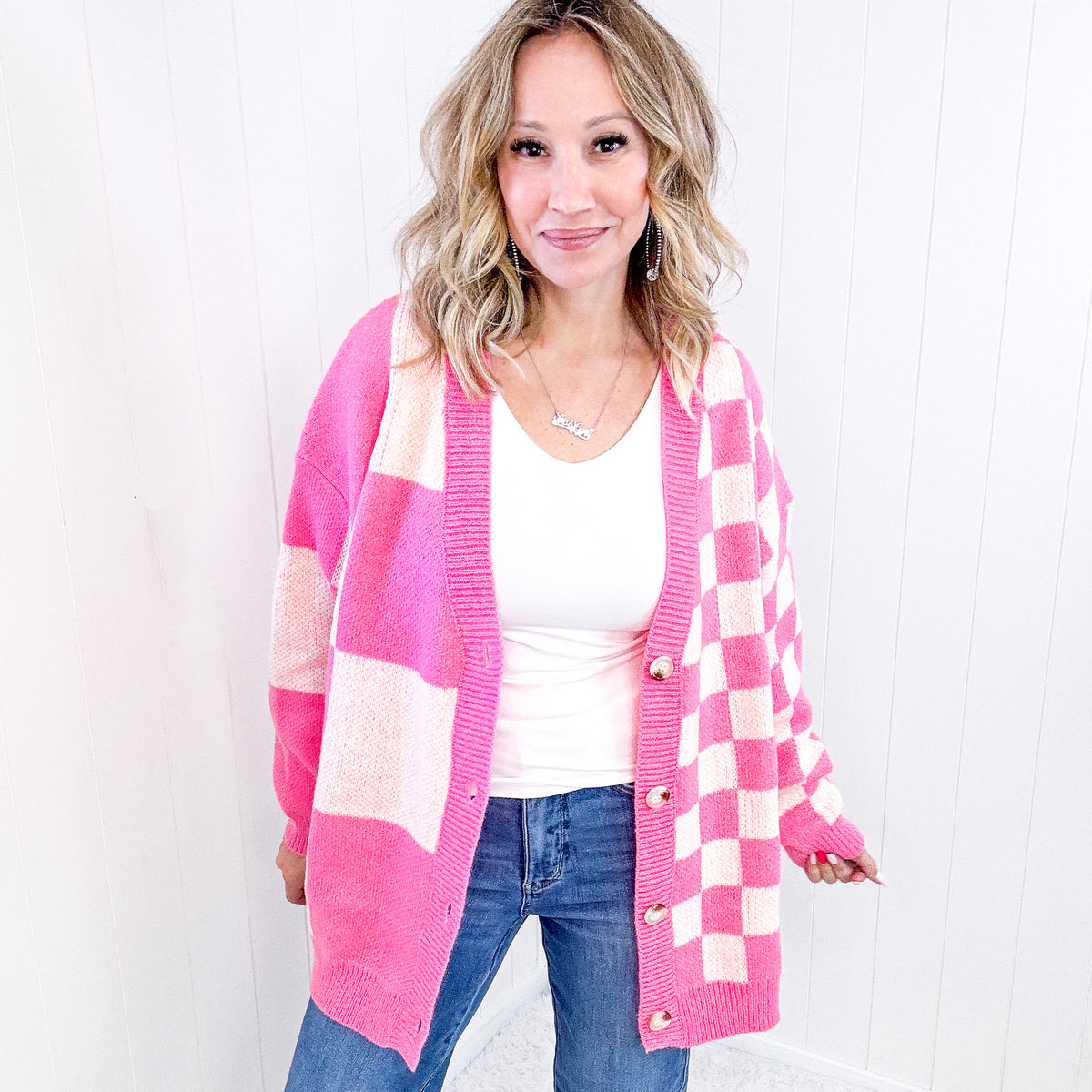 Don&#39;t Stop Me Now Oversized Pink Checkered Cardigan - Boujee Boutique 