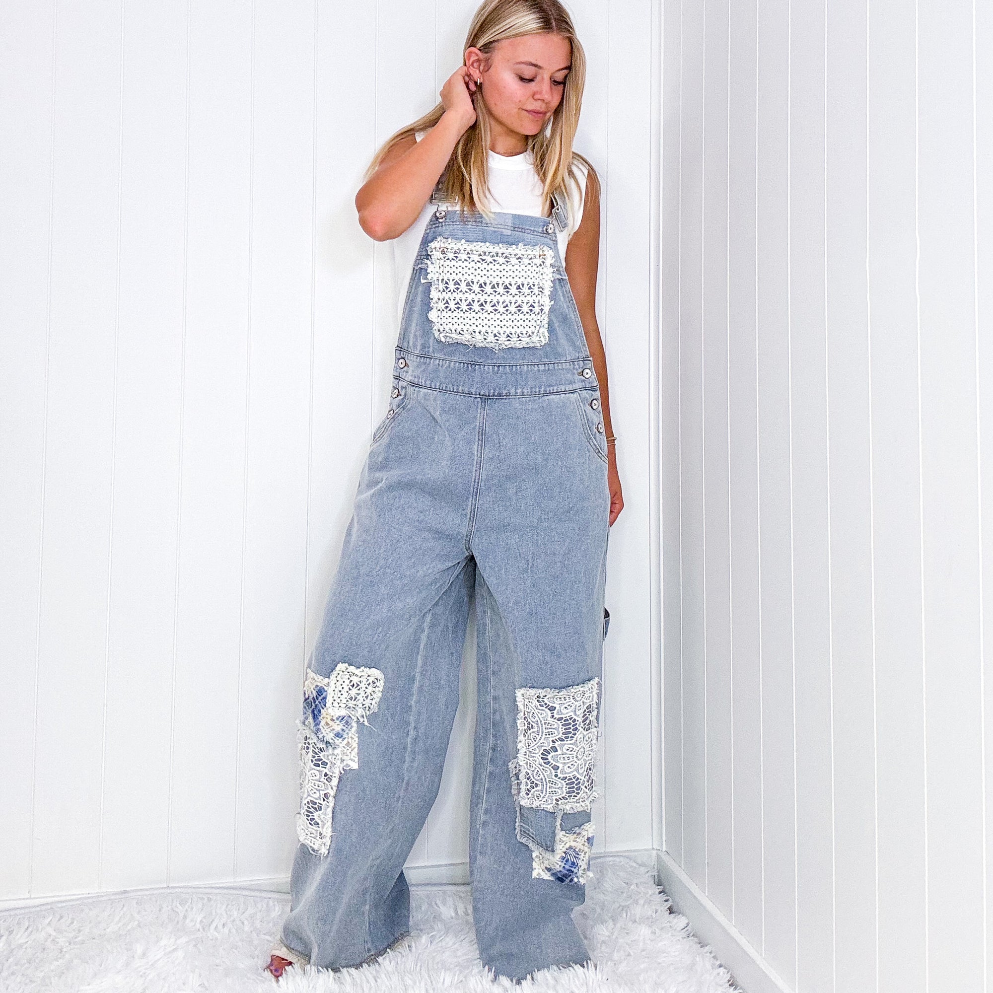 Pol Living Lacy Relaxed Super Wide Leg Patch Detail Denim Overalls - Boujee Boutique 