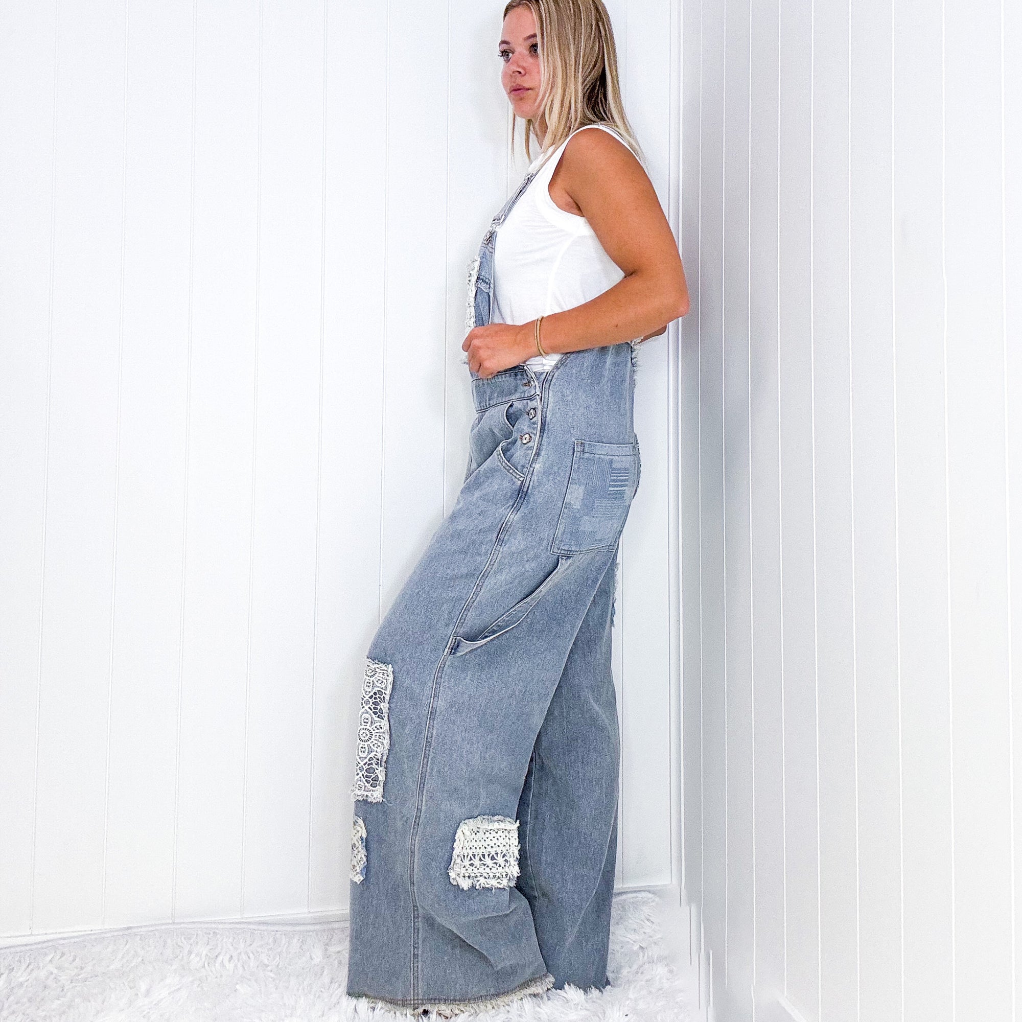 Pol Living Lacy Relaxed Super Wide Leg Patch Detail Denim Overalls - Boujee Boutique 