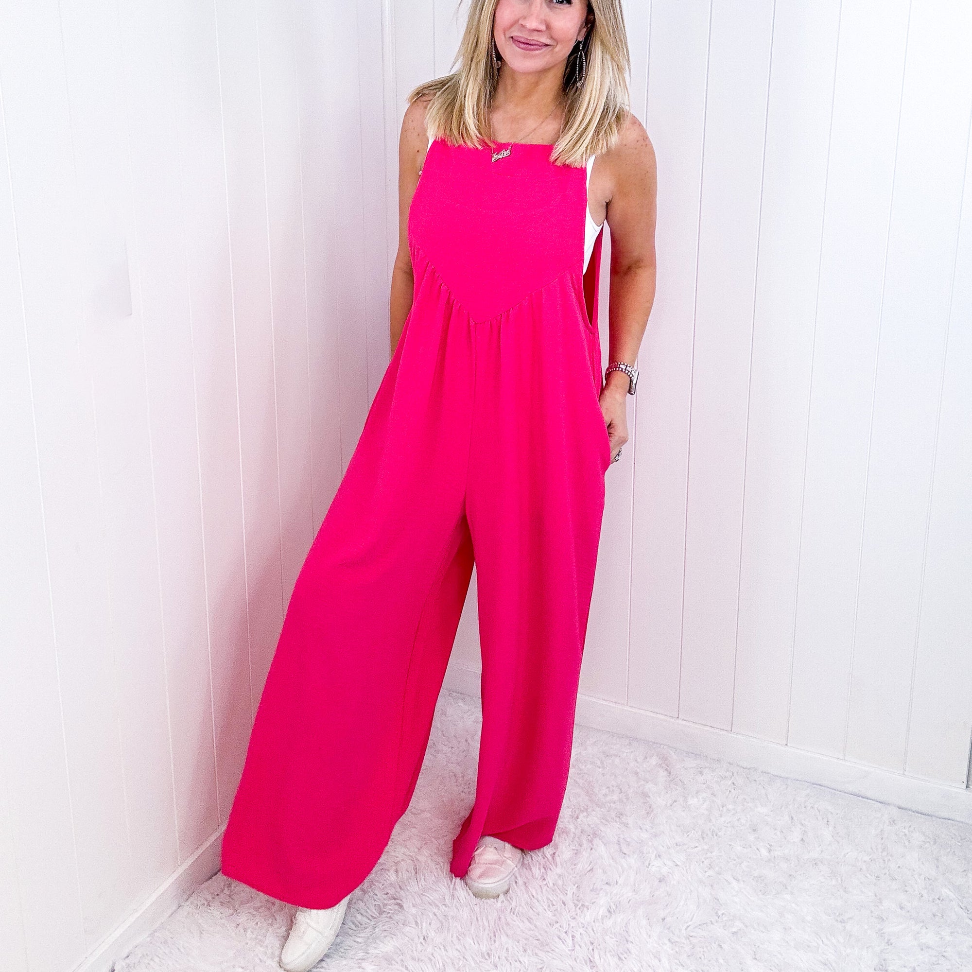Summer Dreaming Pink Wide Leg Suspender Overall Jumpsuit - Boujee Boutique 