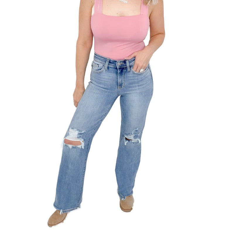 Judy Blue Aiysha High Waist Destroyed Knee 90&#39;s Straight Leg Jeans - Boujee Boutique 