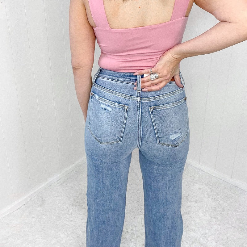 Judy Blue Aiysha High Waist Destroyed Knee 90's Straight Leg Jeans - Boujee Boutique 