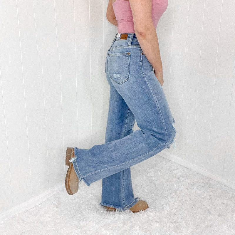 Judy Blue Aiysha High Waist Destroyed Knee 90's Straight Leg Jeans - Boujee Boutique 
