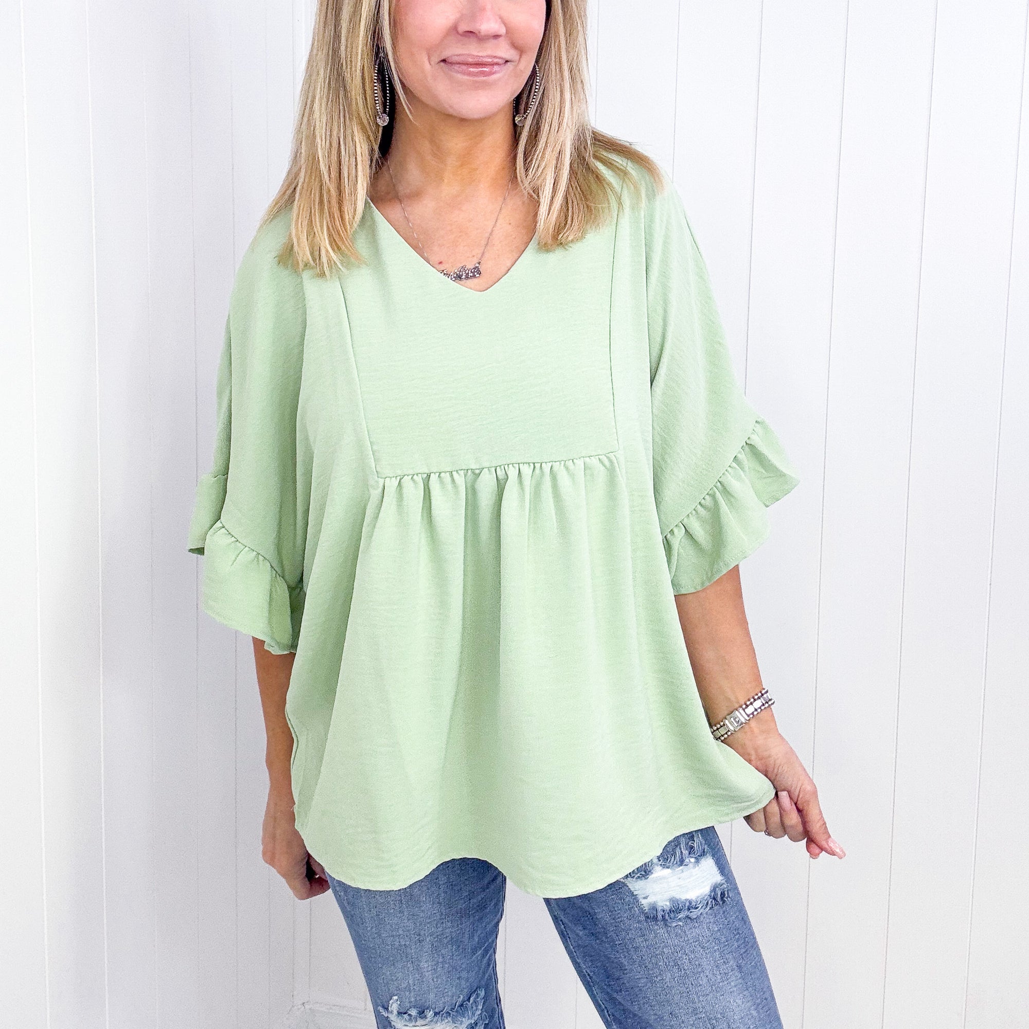Andree By Unit Airflow Peplum Ruffle Sleeve Top in Sage - Boujee Boutique 