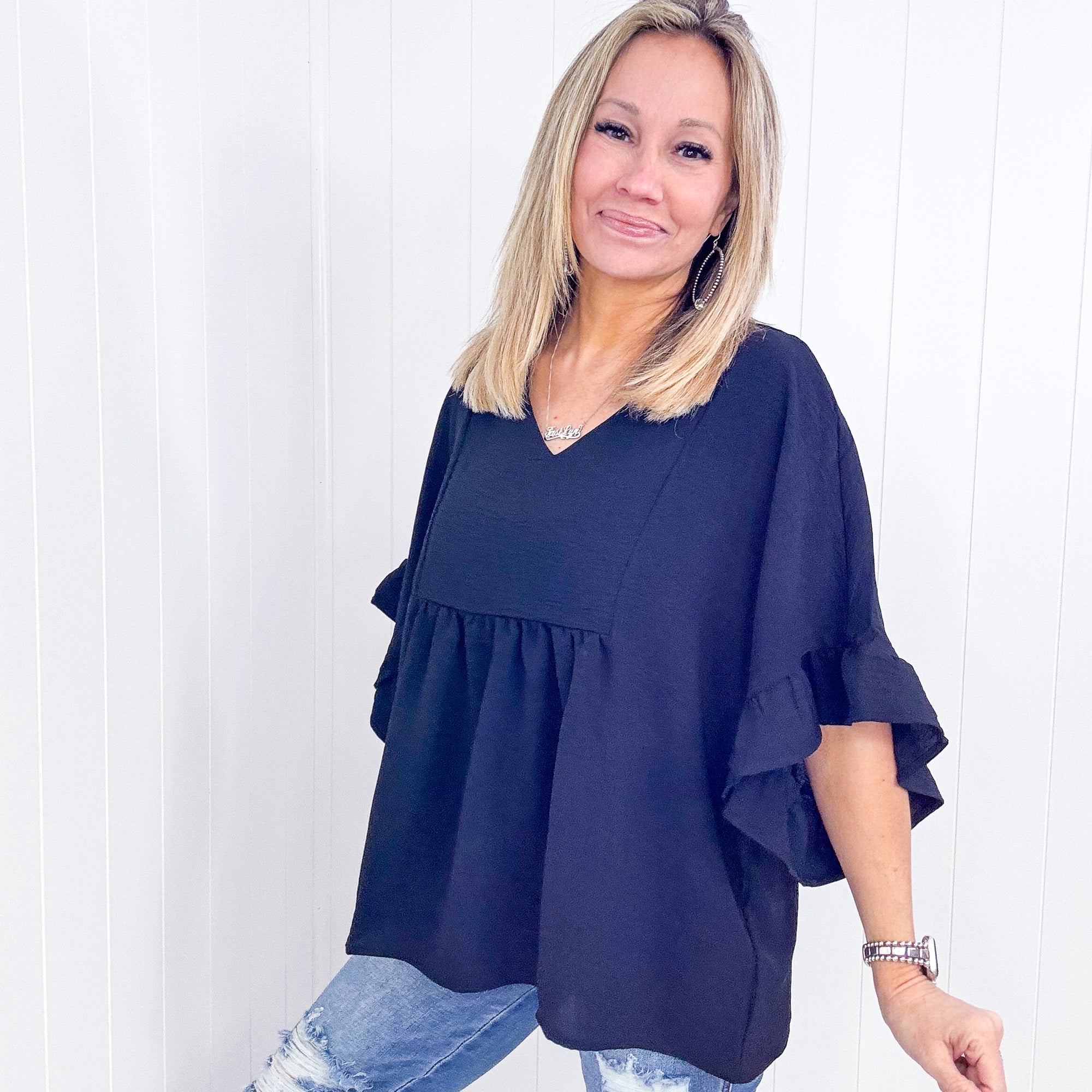 Andree By Unit Airflow Peplum Ruffle Sleeve Top in Black - Boujee Boutique 