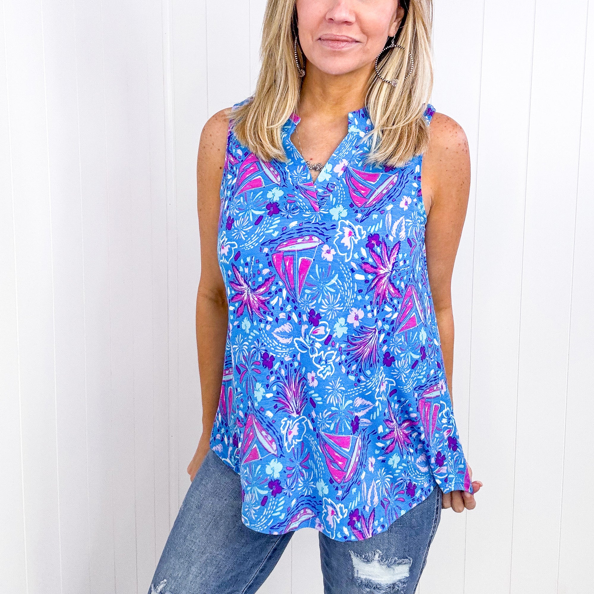 Dear Scarlett Lizzy Tank Top in Blue and Pink Tropical Sailing - Boujee Boutique 
