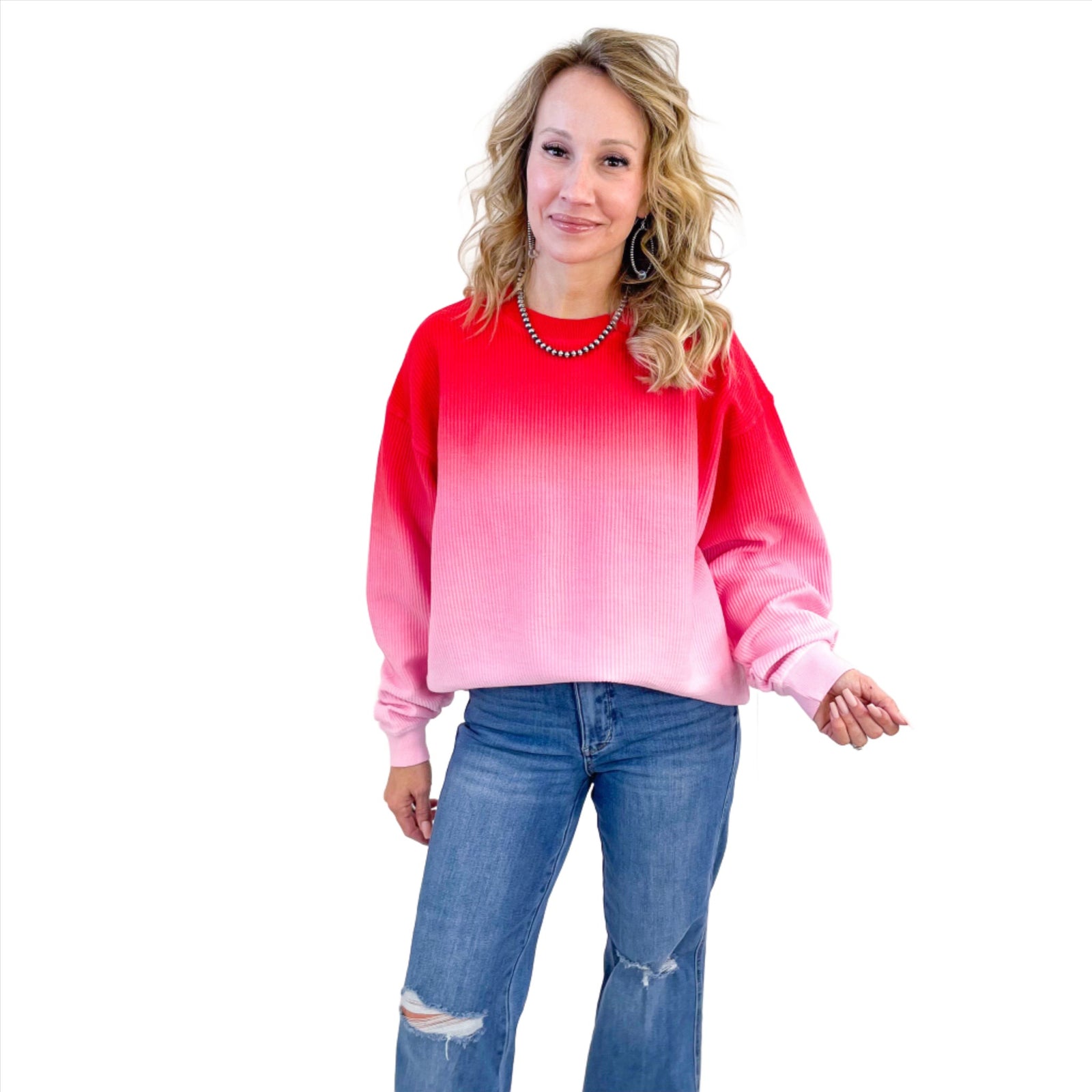Berry Blast Ombre Oversized Luxe Soft Corded Crewneck Pullover - Boujee Boutique 