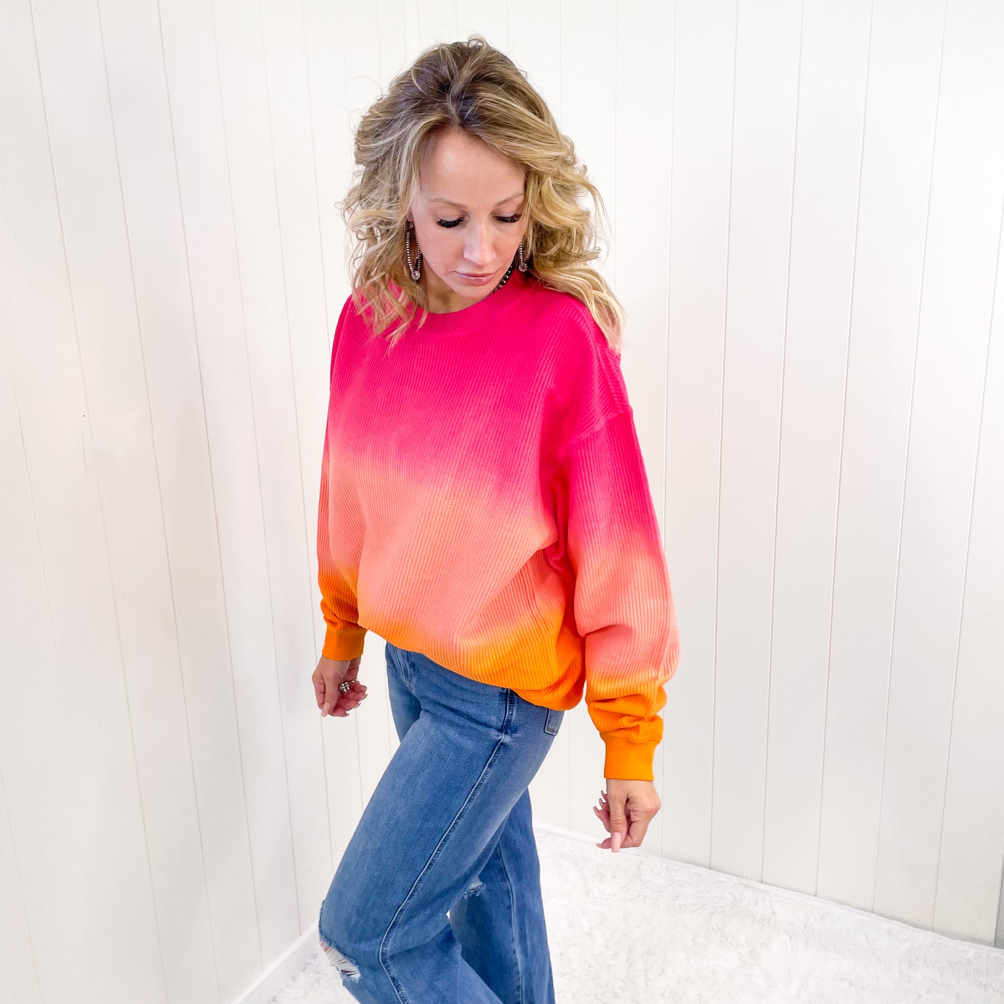 Sweet and Sassy Ombre Oversized Luxe Soft Corded Crewneck Pullover - Boujee Boutique 