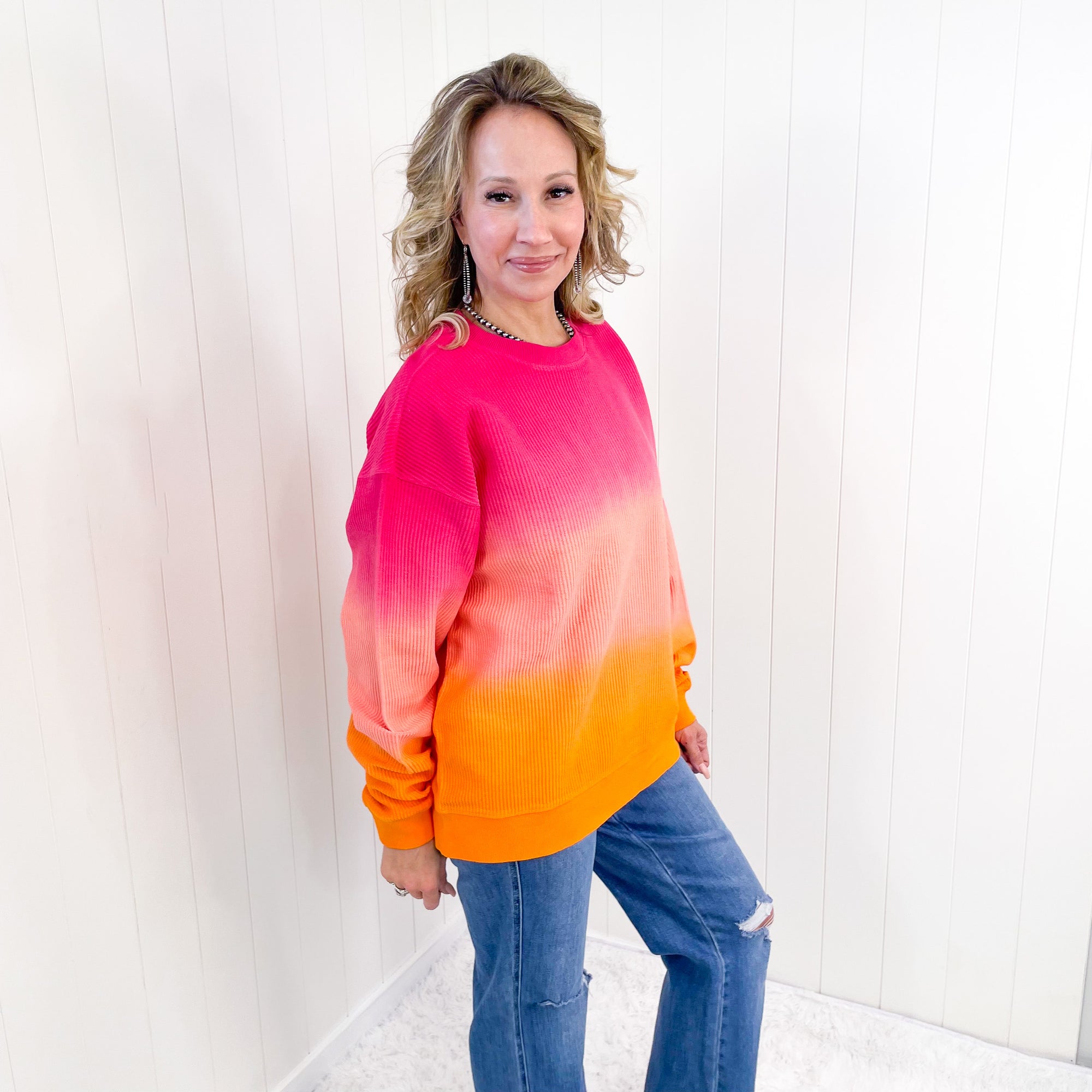 Sweet and Sassy Ombre Oversized Luxe Soft Corded Crewneck Pullover - Boujee Boutique 