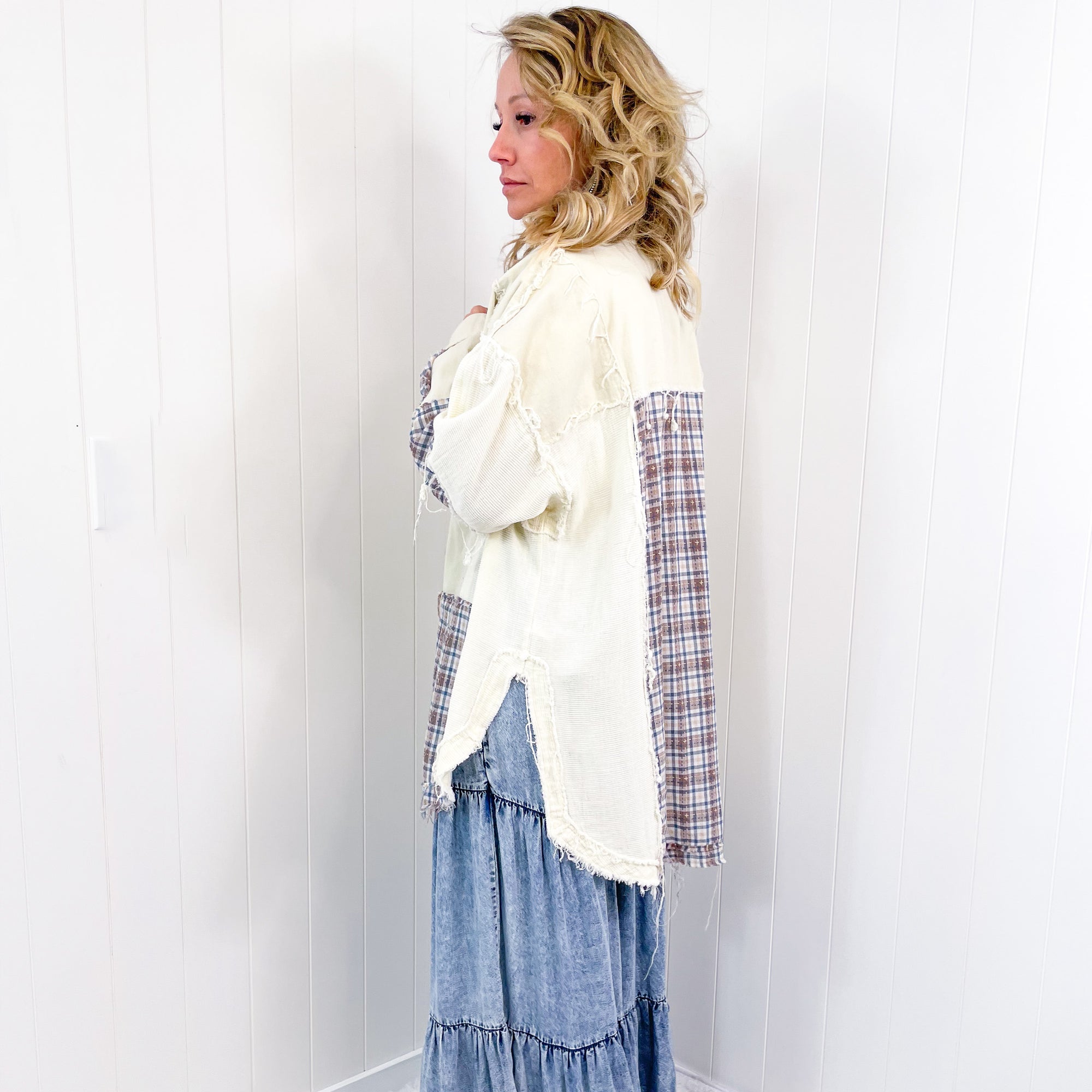 Hiding in Dallas Blue Plaid and Cream Snap Button Longline Top - Boujee Boutique 