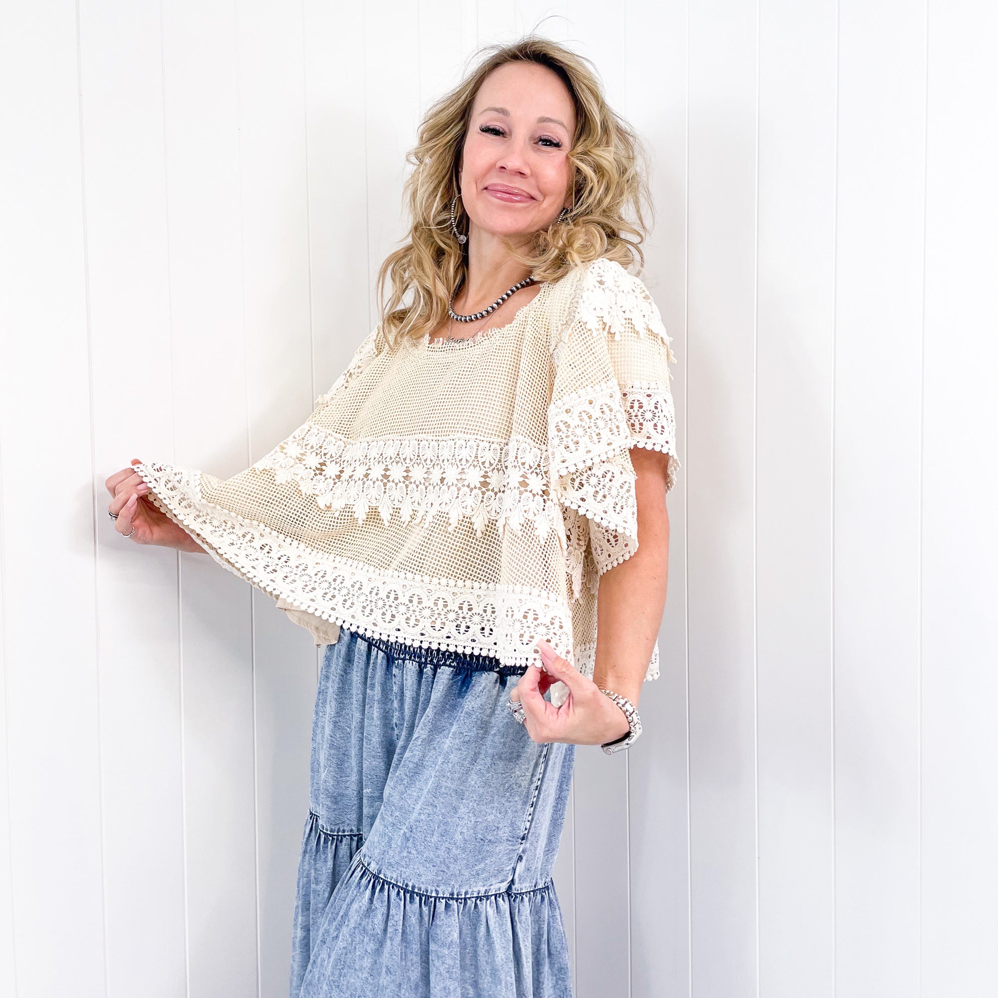 Lilly Natural Lace and Embroidered Short Sleeve Blouse - Boujee Boutique 