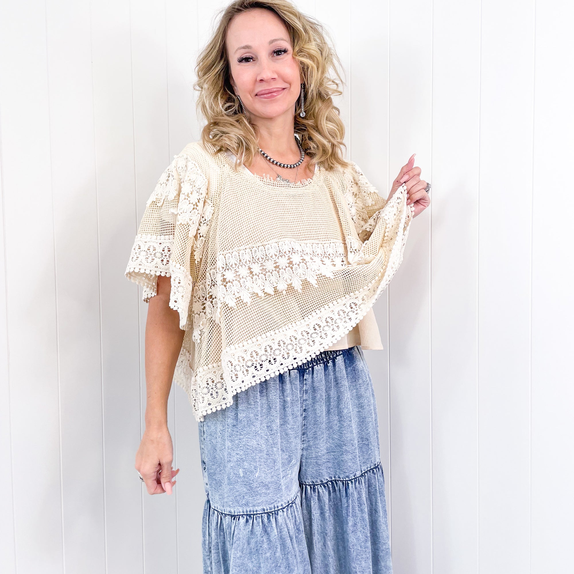 Lilly Natural Lace and Embroidered Short Sleeve Blouse - Boujee Boutique 