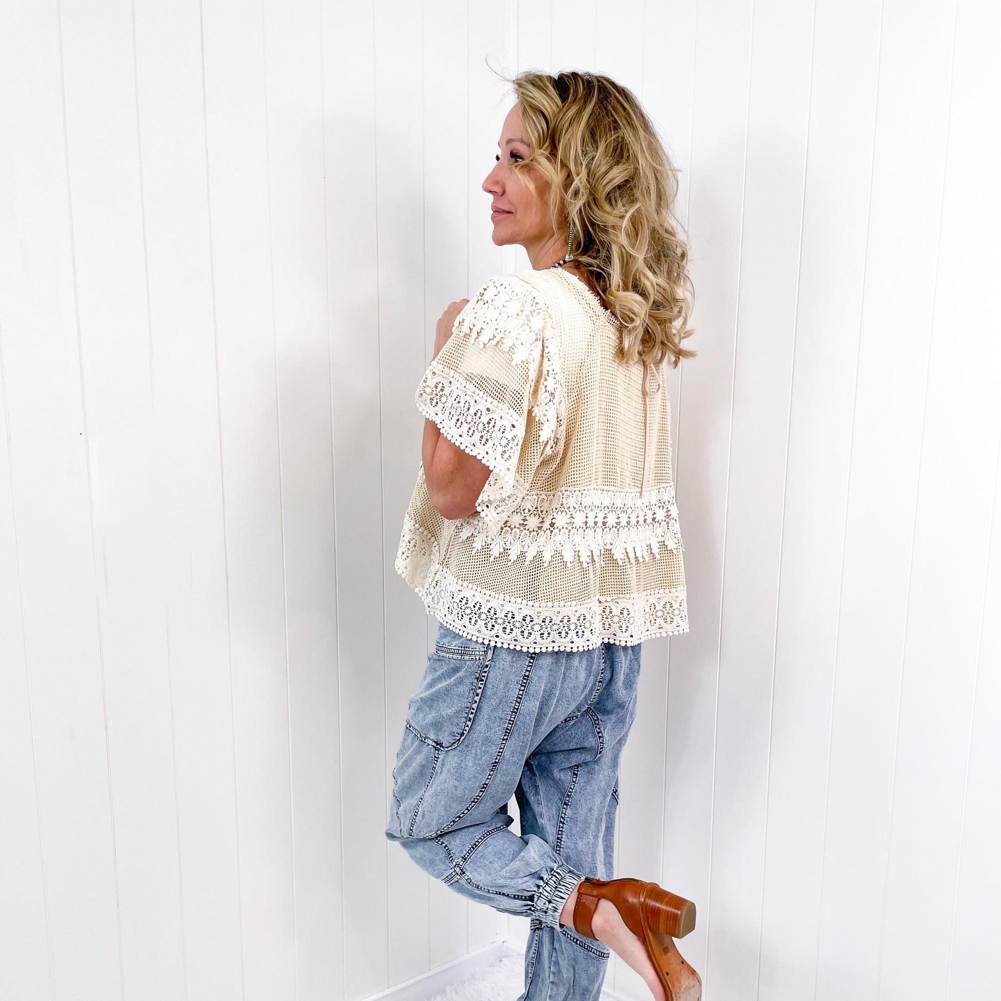 Lilly Natural Lace and Embroidered Short Sleeve Blouse - Boujee Boutique 