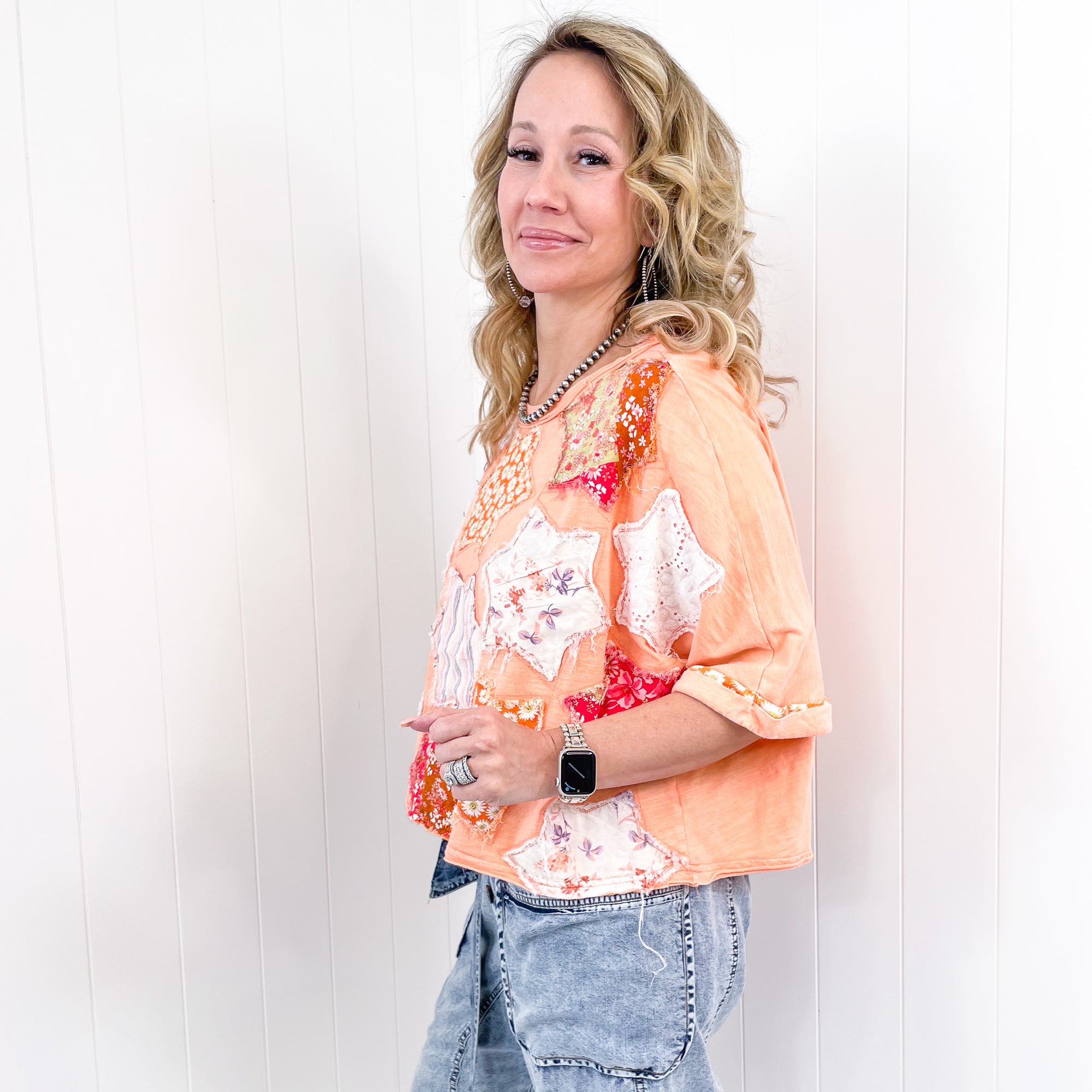 Quilt Patch Gypsy Soul Star Washed Orange Short Sleeve Top - Boujee Boutique 