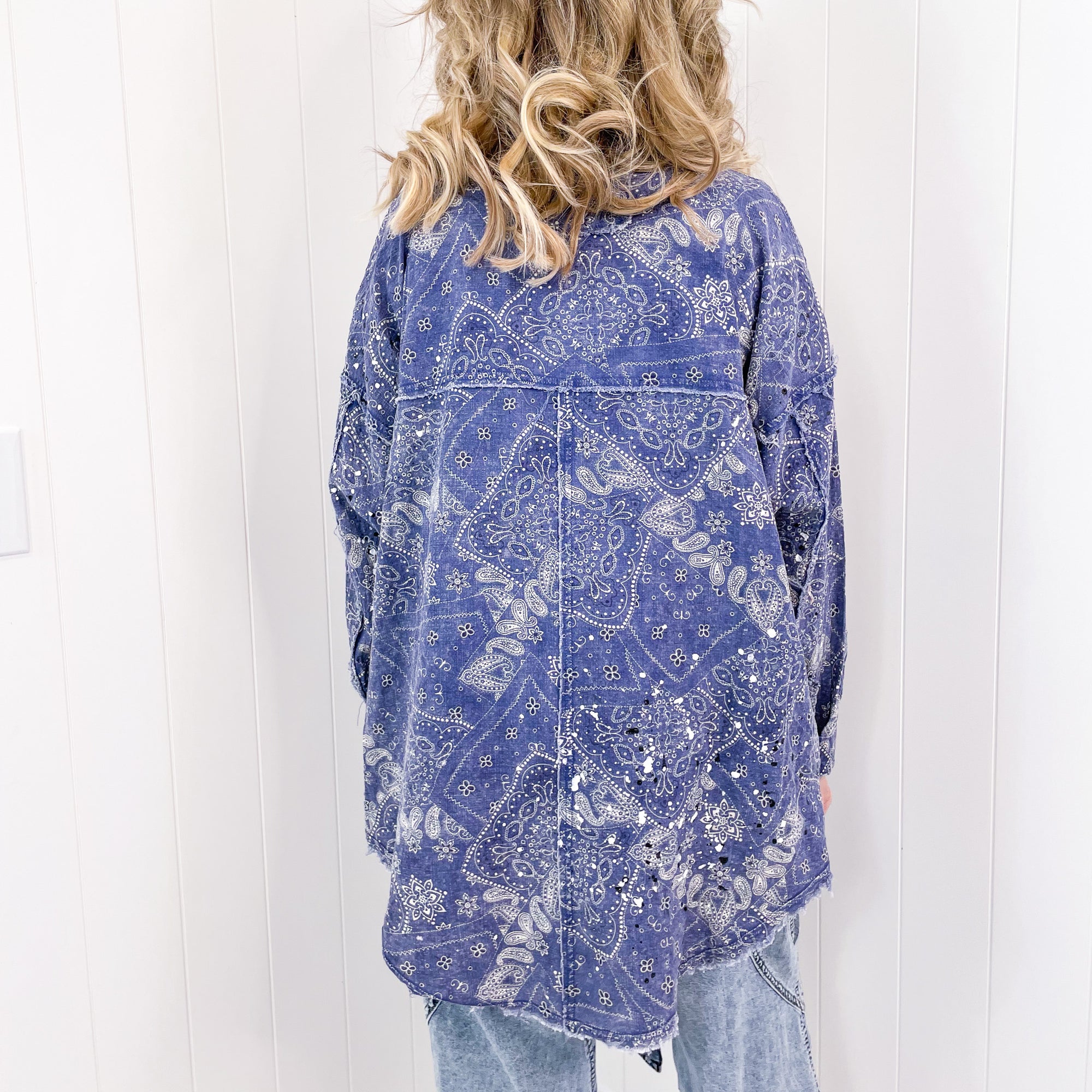 Work with me Blue Paisley Paint Splatter Button up Top - Boujee Boutique 
