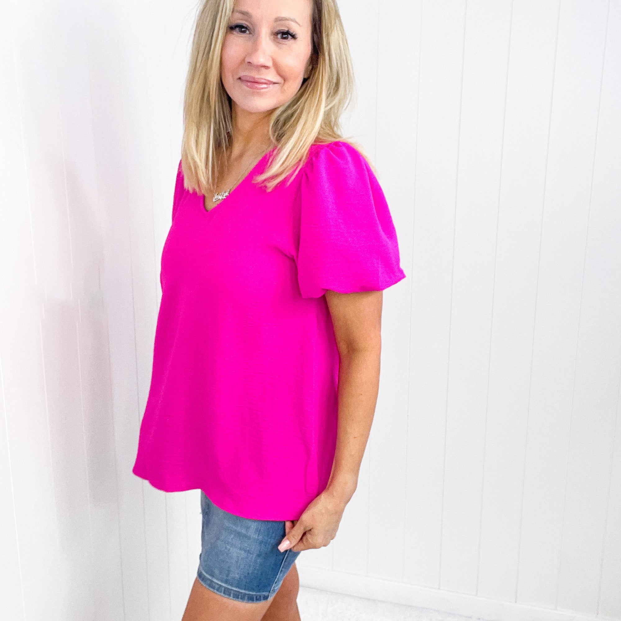 Hot Pink Belong Together Puff Sleeve Blouse - Boujee Boutique 