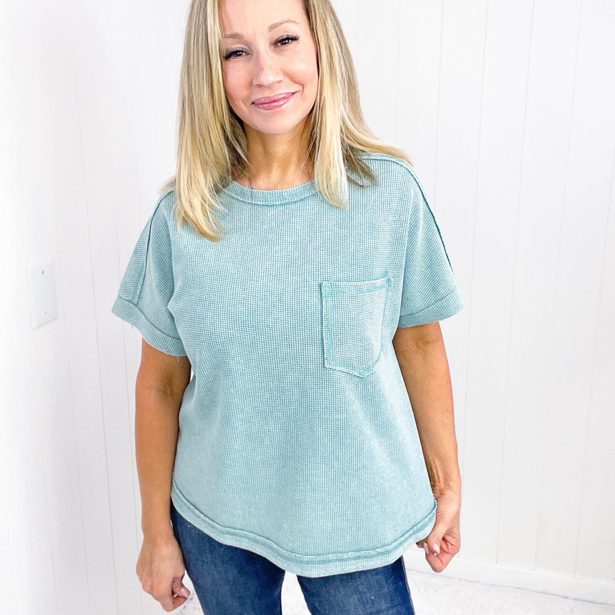 Mineral Washed Teal End of Beginning Short Sleeve Top