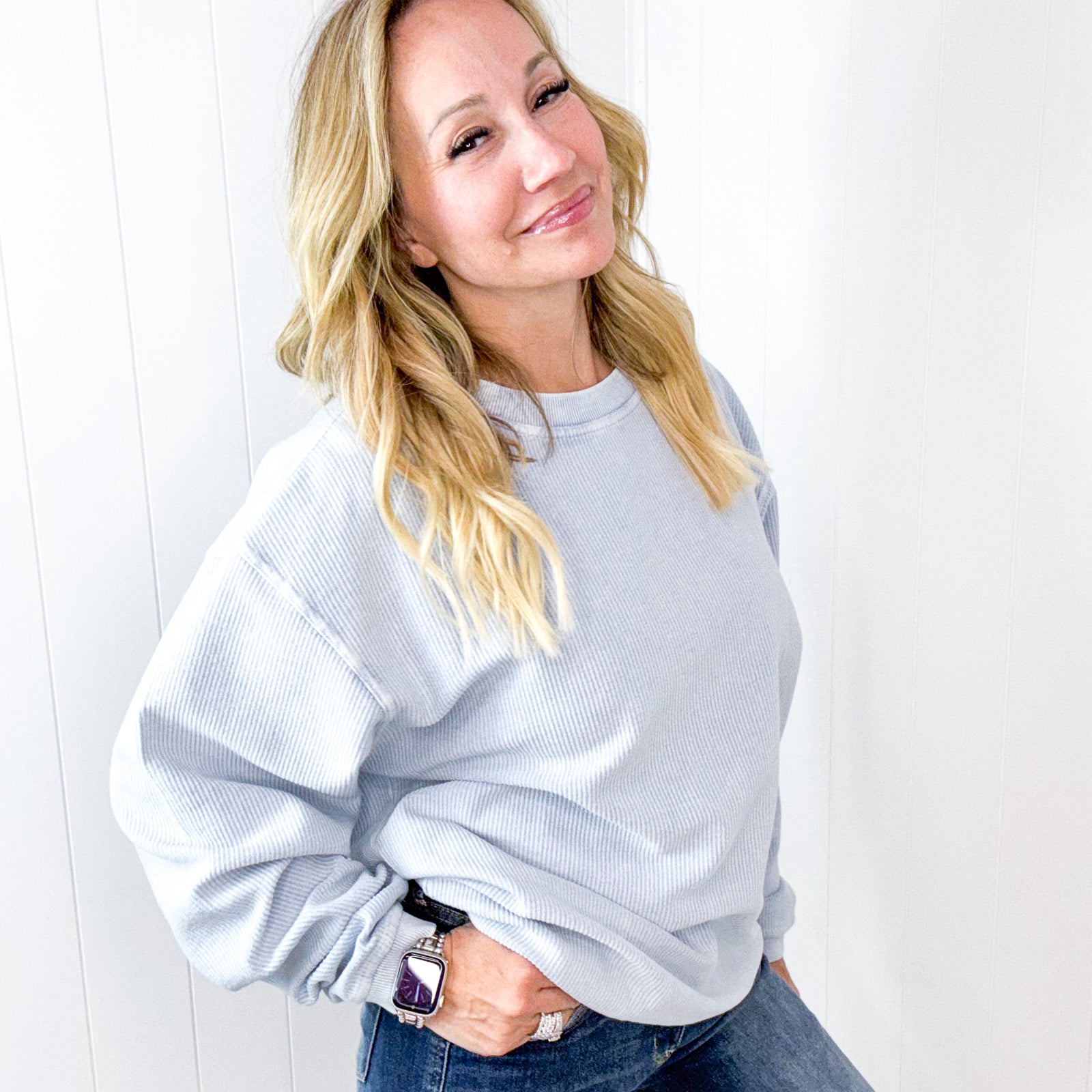 Faded Denim Oversized Luxe Soft Corded Crewneck Long Sleeve Pullover - Boujee Boutique 