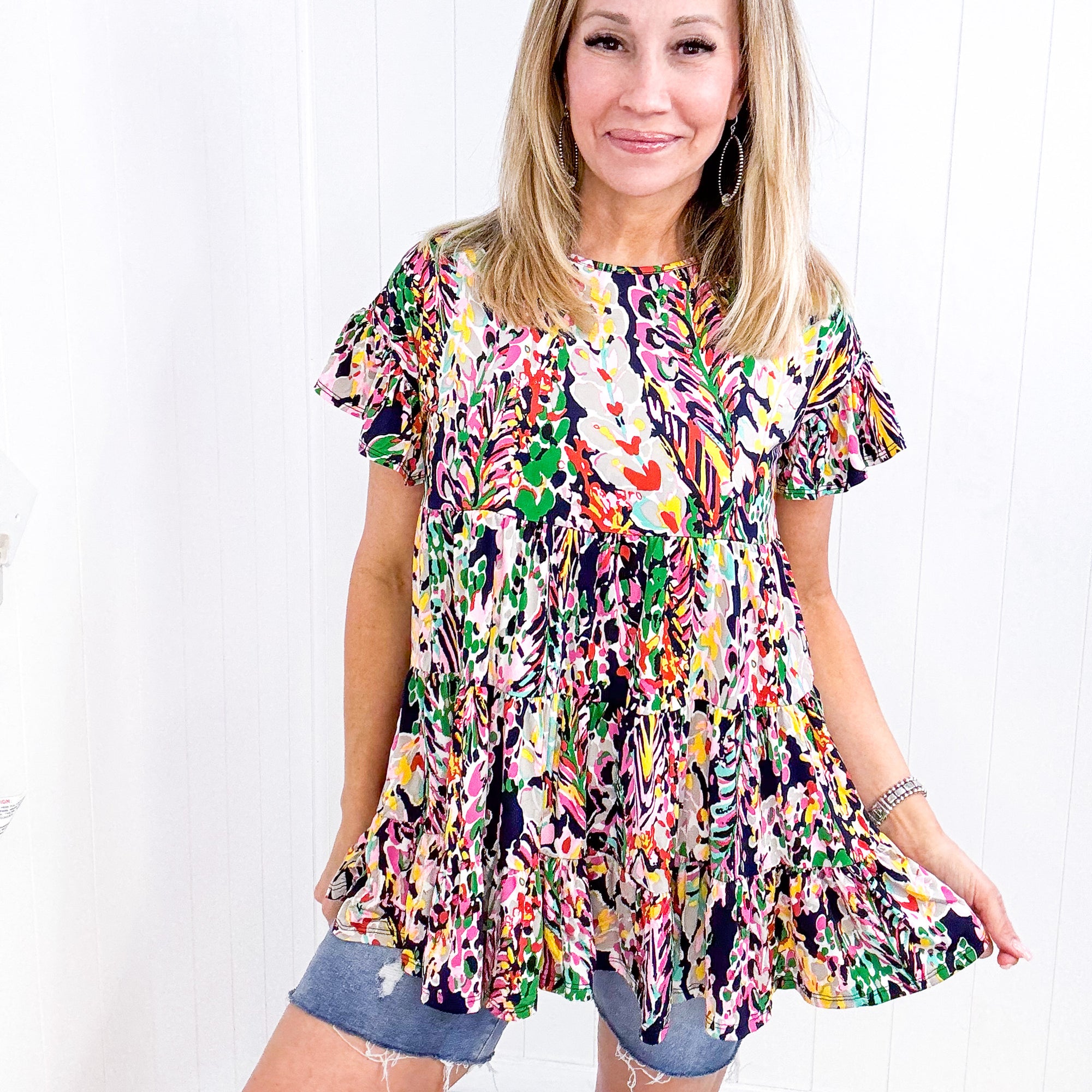 Sunny Days Navy Floral Print Tiered Ruffle Sleeve Top - Boujee Boutique 