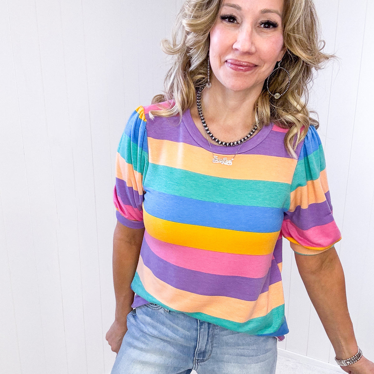 Can&#39;t Look Away Multicolor Stripe Bubble Sleeve Terry Top - Boujee Boutique 