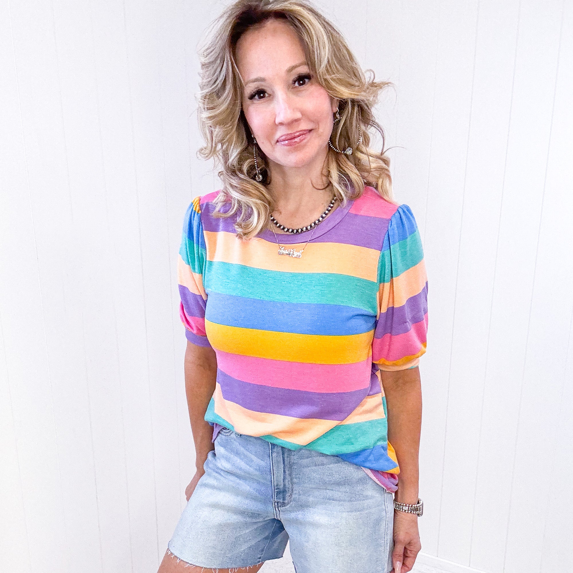 Can't Look Away Multicolor Stripe Bubble Sleeve Terry Top - Boujee Boutique 